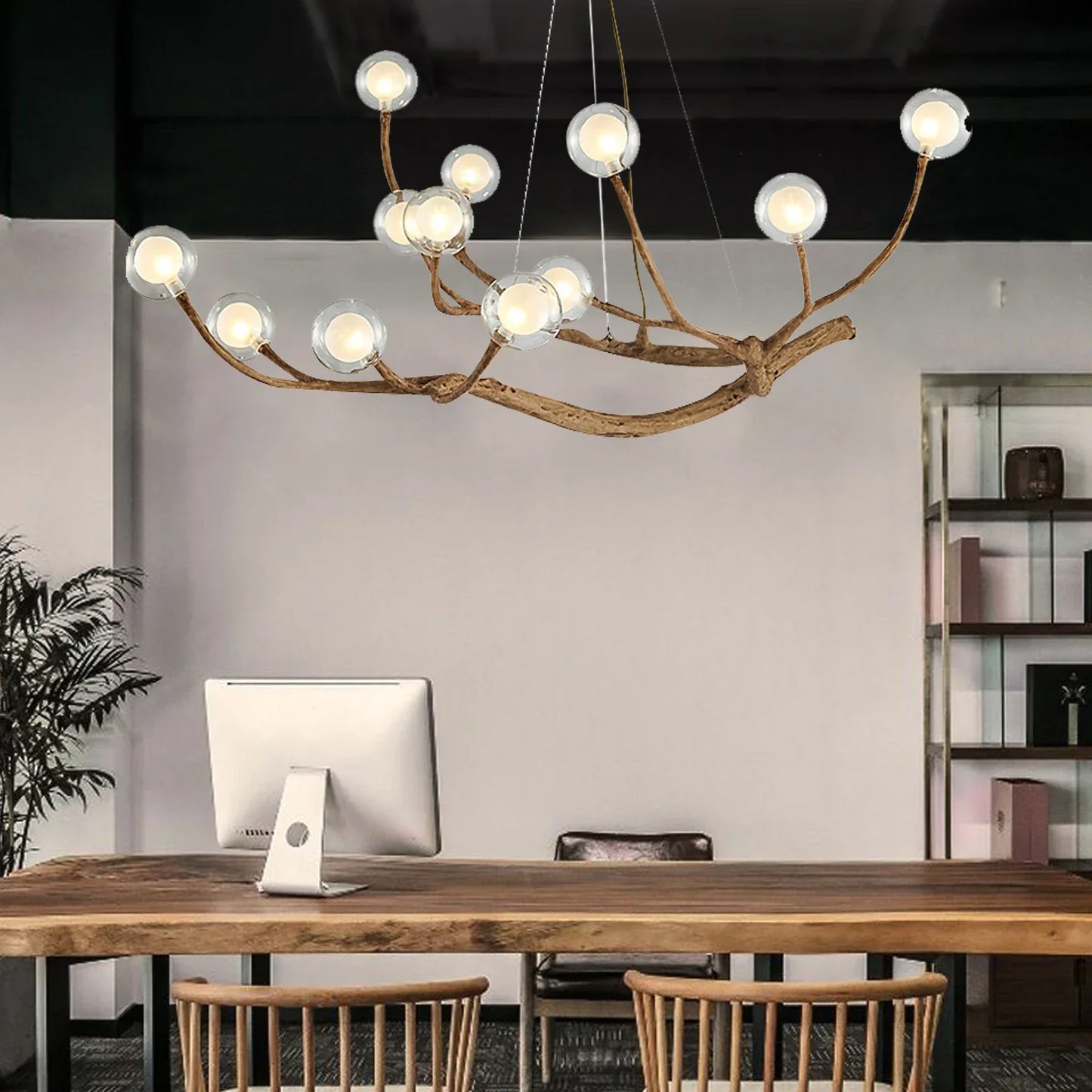 12-Light Modern Branch Chandelier, Farmhouse-Style LED Ceiling Light with Adjustable Chain, Warm White Glass Shades for Dining R
