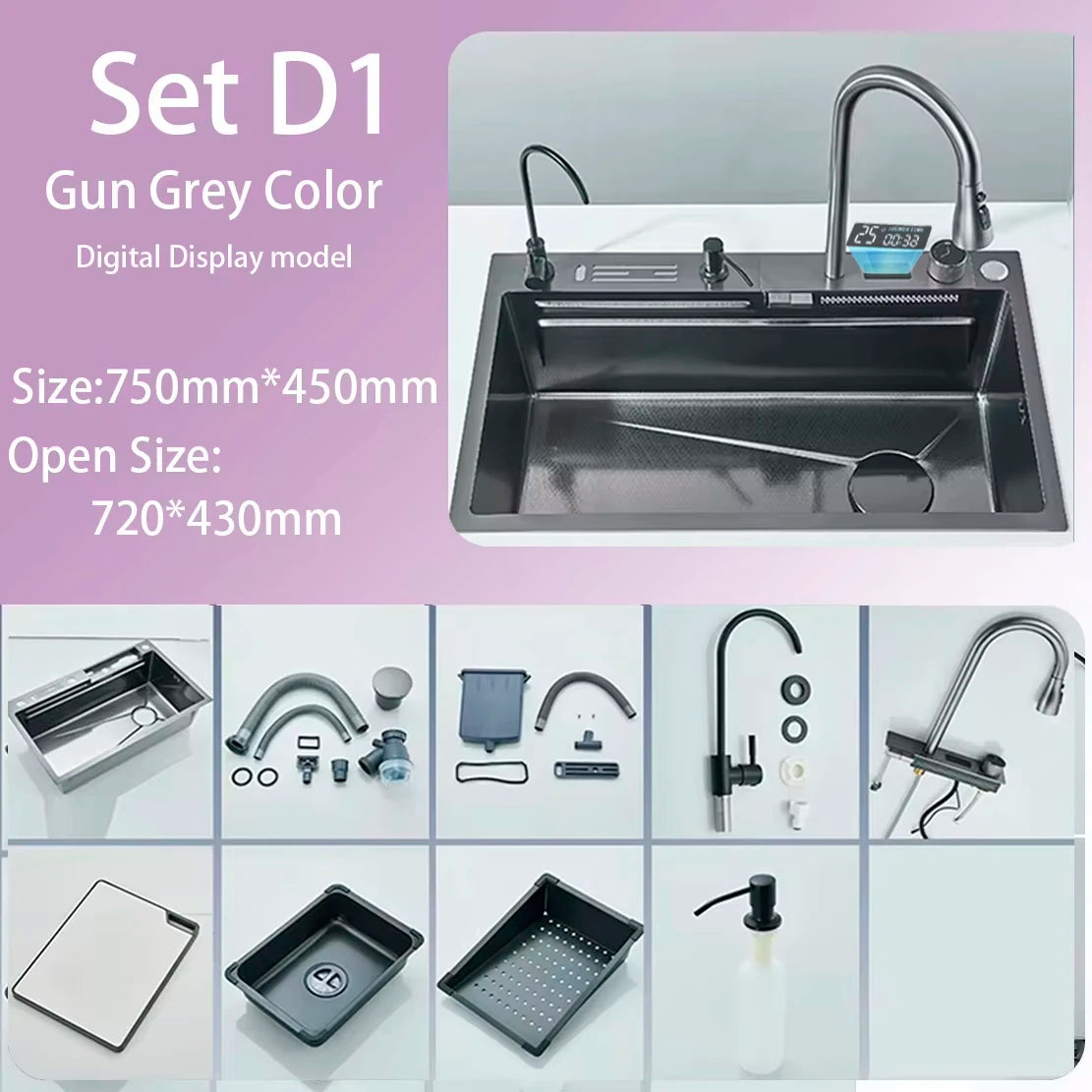 304 Stainless Steel Waterfall Kitchen Sink Large Single Slot Integrated Digital Display Faucet Set Soap Dispenser Cup Washer