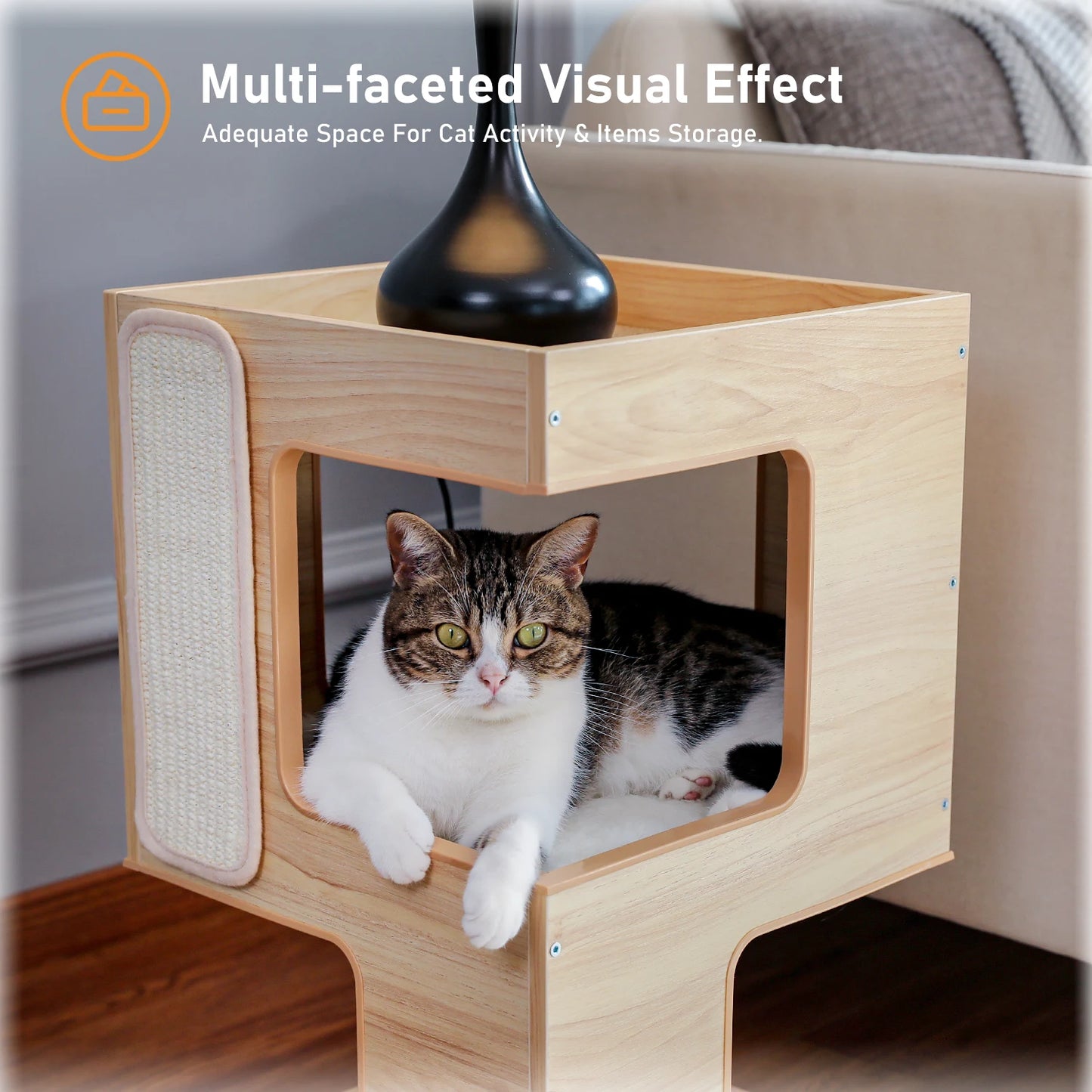 PAWZ Road Modern Wood Cat Condo Bed With Scratching Pad