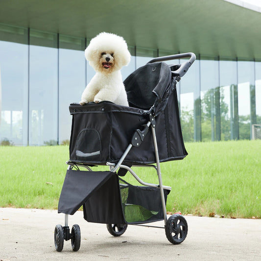 JHK Foldable 3 Wheel Pet Stroller With Basket For Dogs