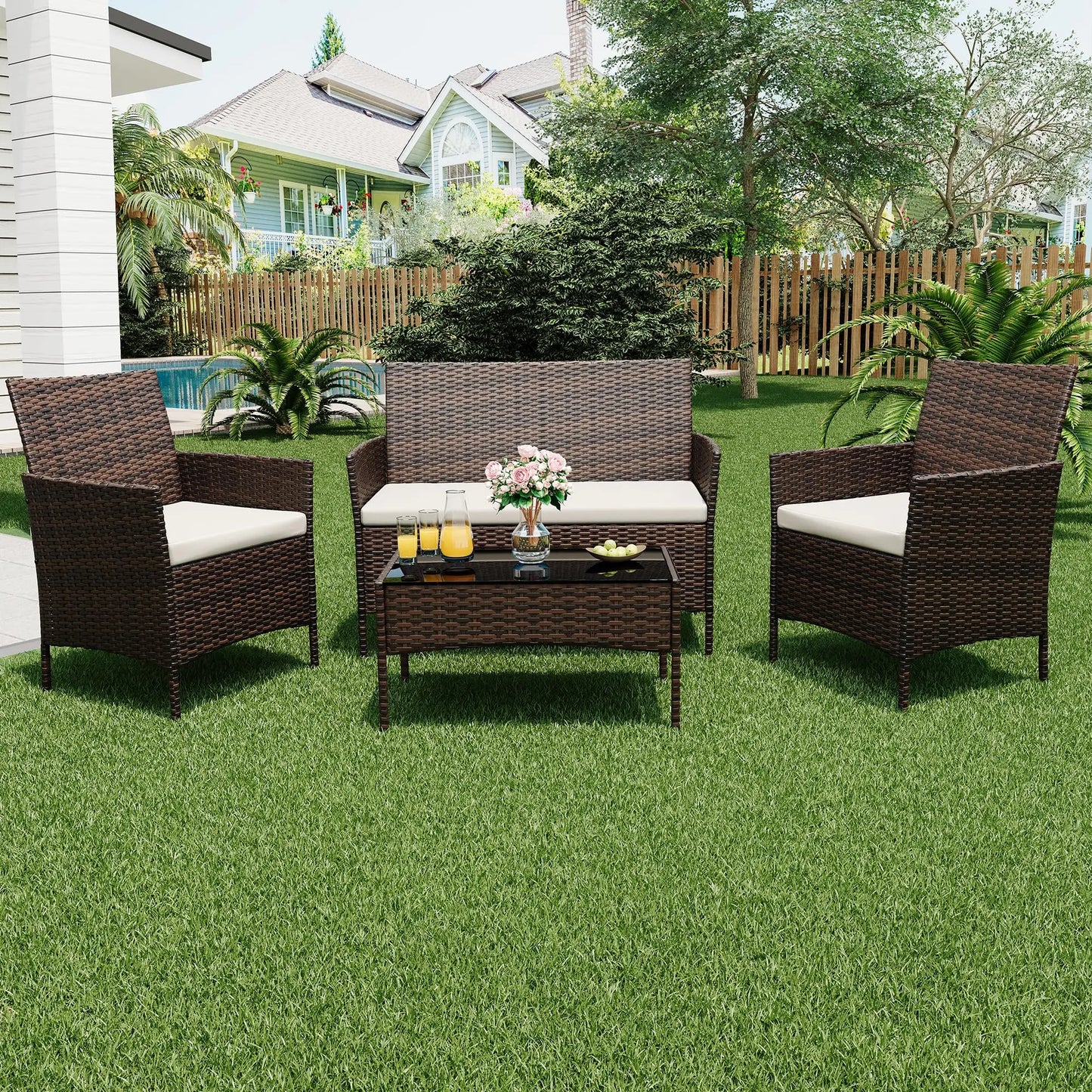HiMISS Outdoor Rattan Patio Furniture Set With Cushioned Sofa
