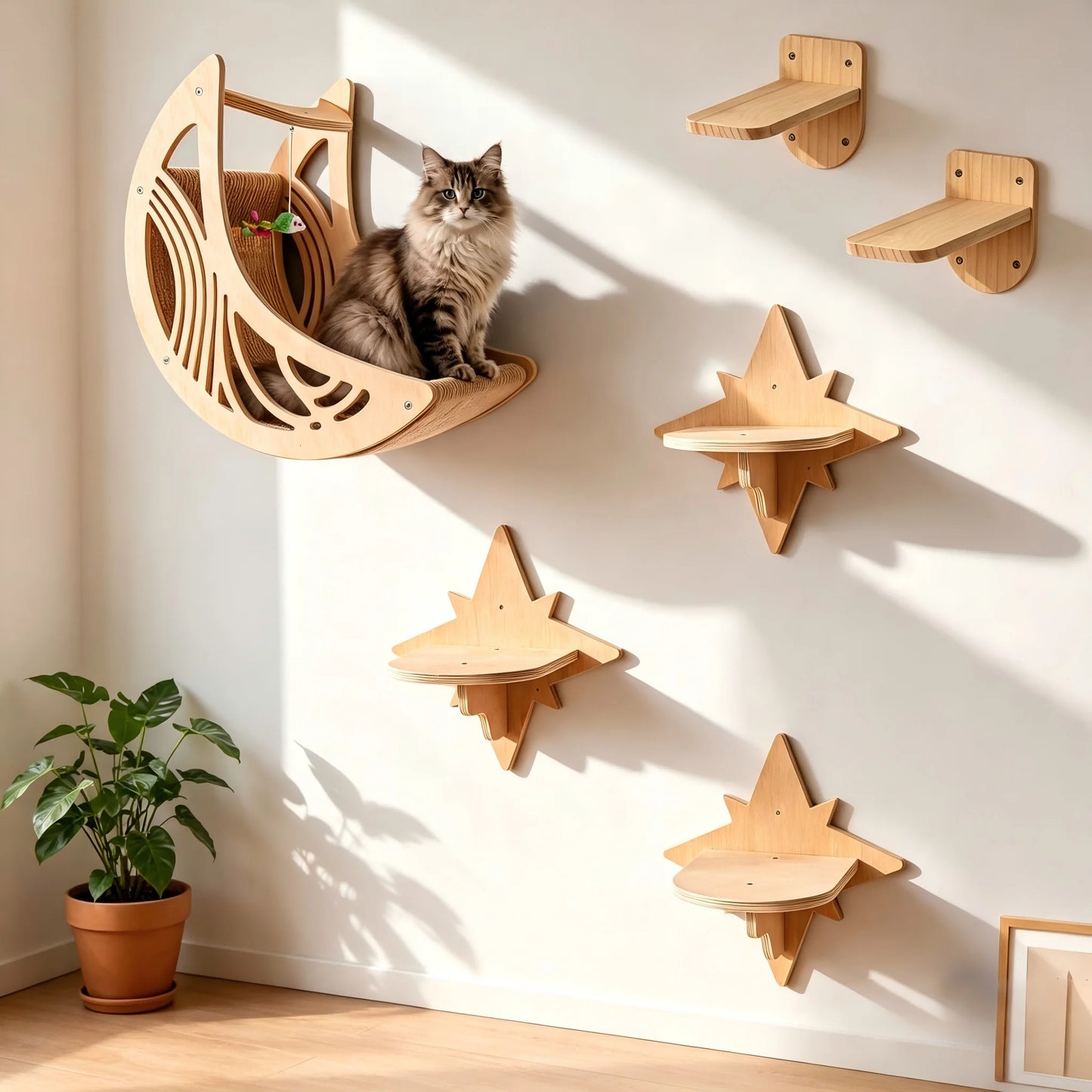 CWV Wall Mounted Cat Shelves Pine Wood Moon Star Platform