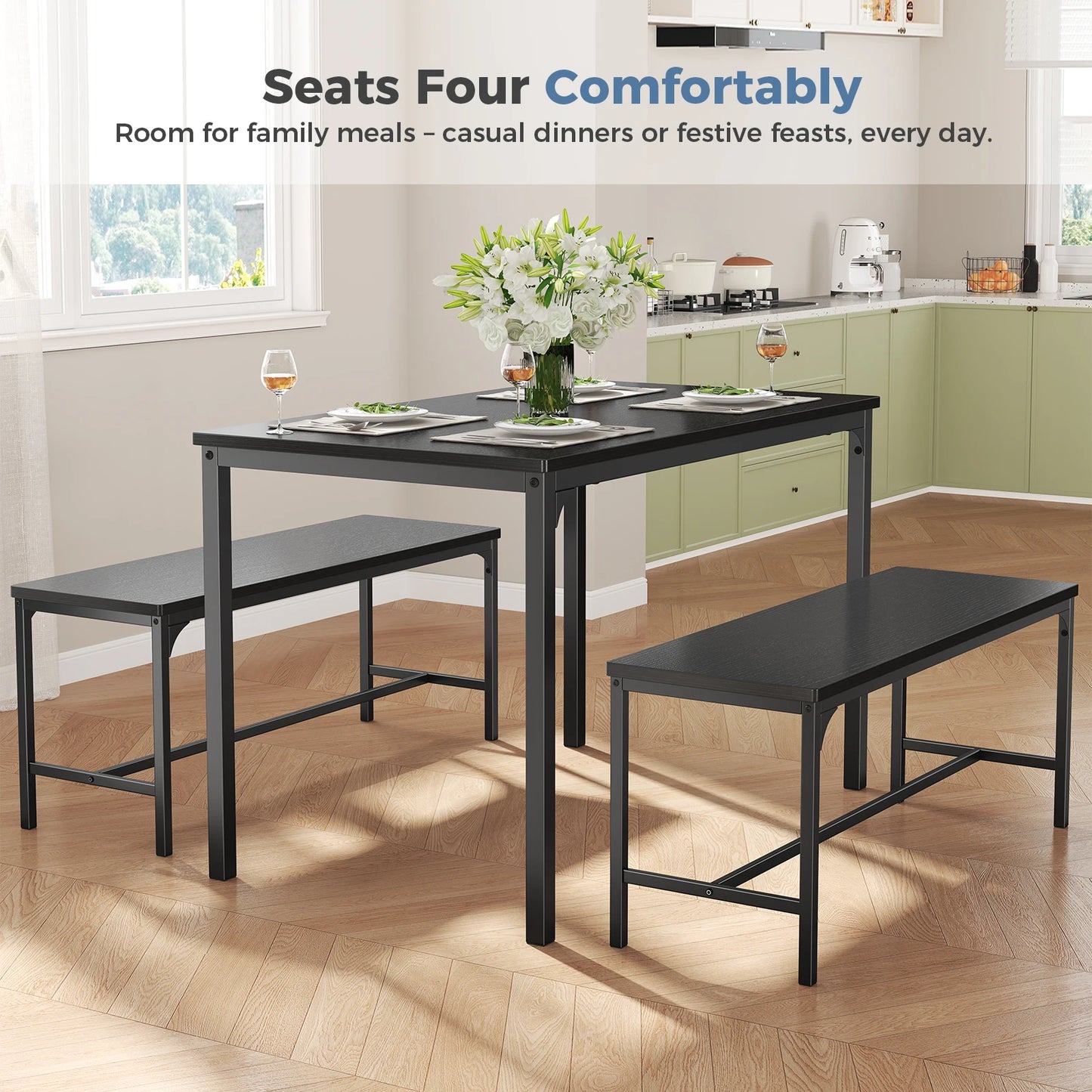 JHK 3Pcs Table and Chair Set Wooden Desktop with Metal Frame for Easy Storage Space-Saving Ideal 4-Person Set for Living Room Kitchen Apartment Corner