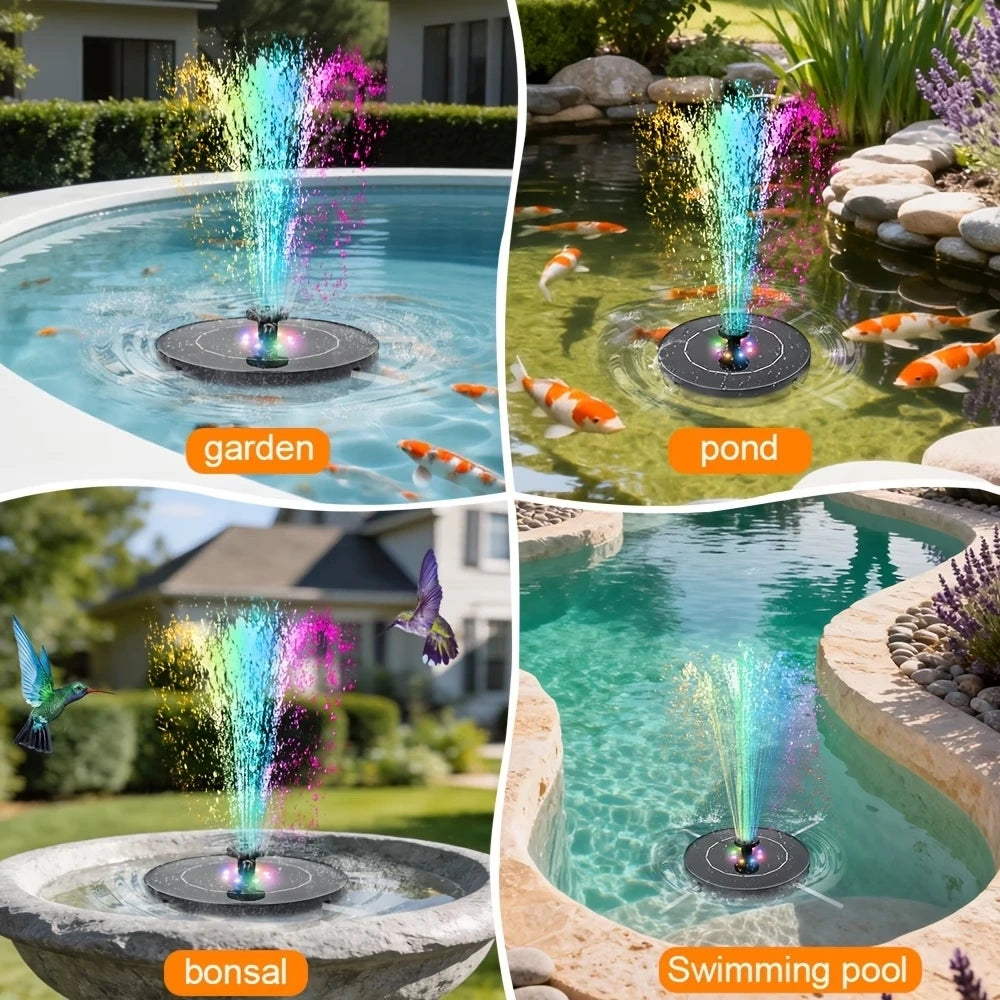 Solar Powered Fountain With 6 Nozzles Led Lights Garden Birds