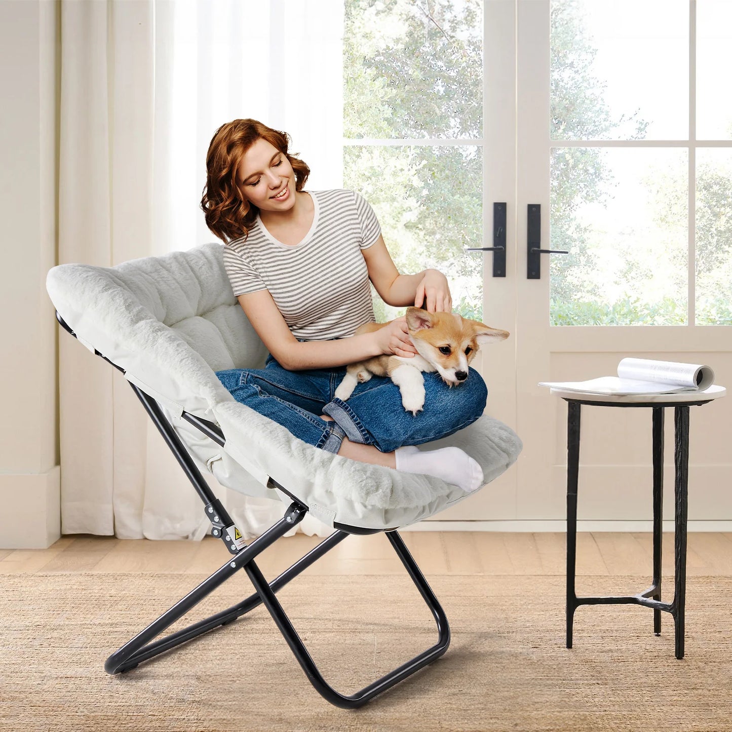 JHK Foldable Reading Saucer Chair With Comfortable Padded Seat