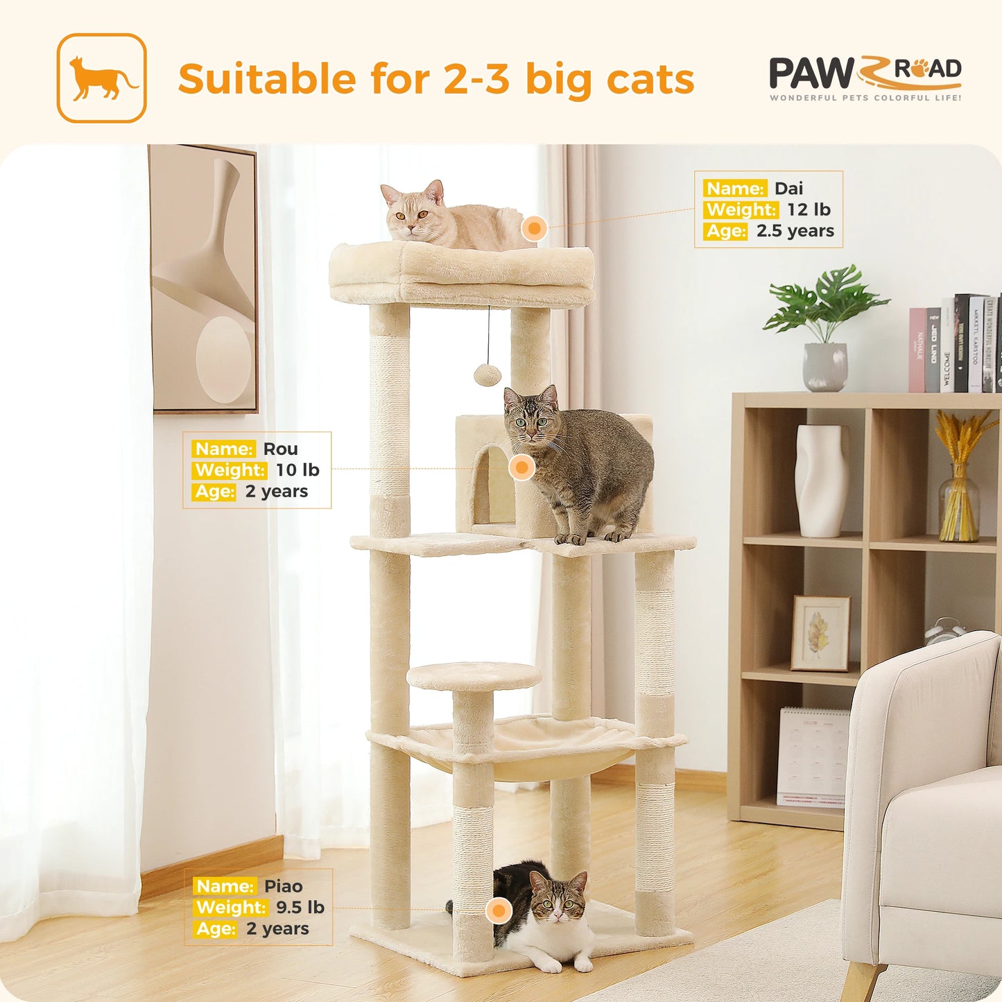 PAWZ Road Indoor Cat Tower With Sisal Posts And Hammock