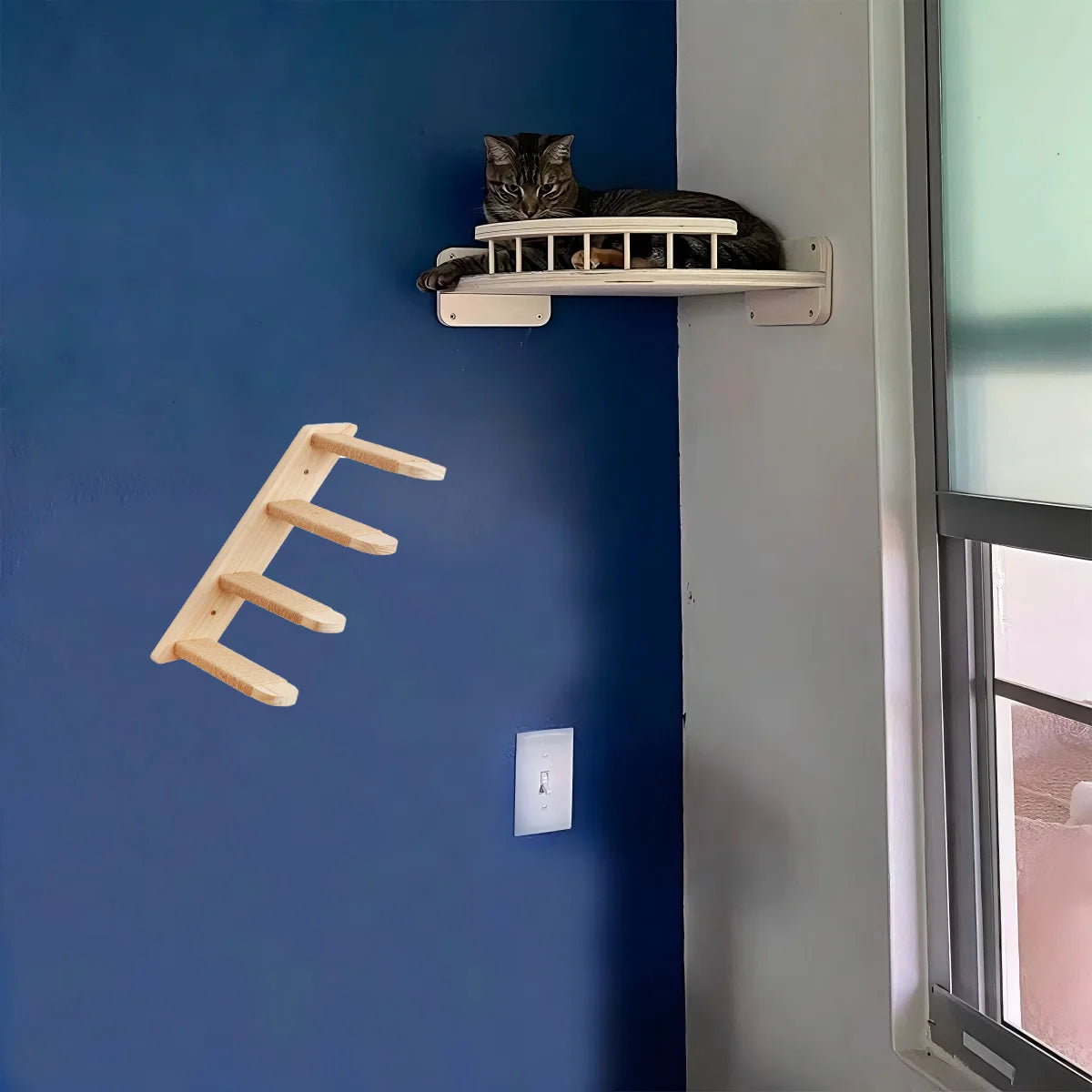 CWV Pine Wood Wall Mounted Cat Tree With Steps Hammock