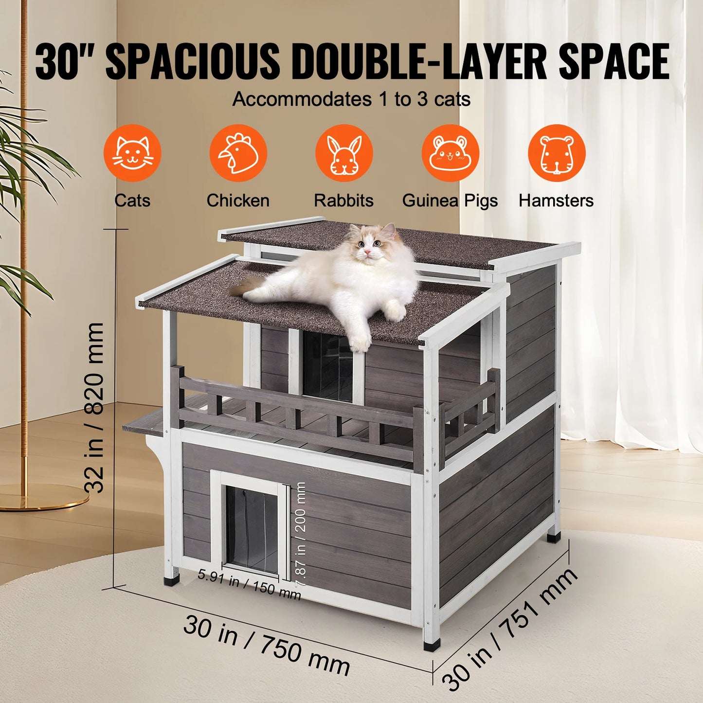 SucceBuy Weatherproof Outdoor Cat House Cedar Shelter With Balcony