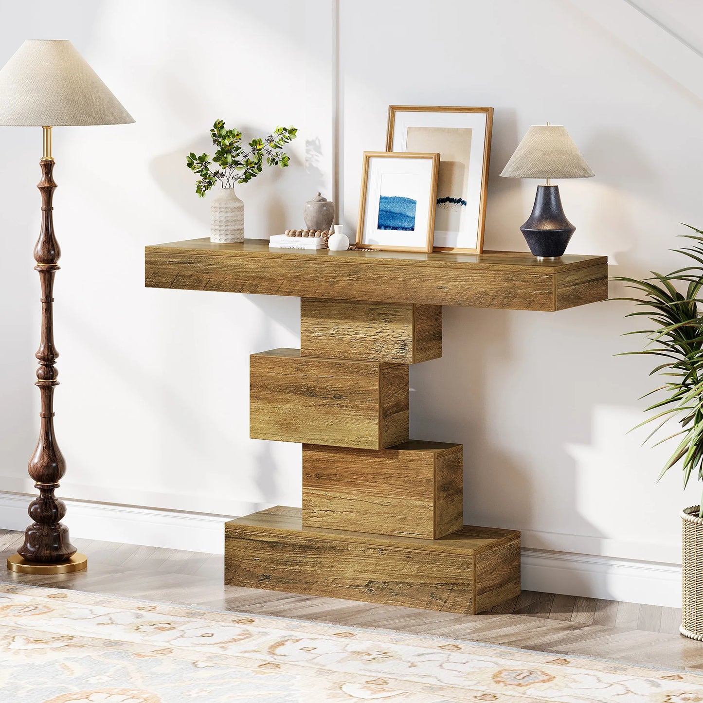 Tribesigns Farmhouse Wood Console Table With Geometric Metal Base
