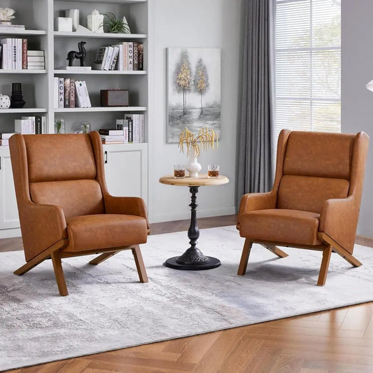 Set Of Two Wooden Living Room Armchairs Featuring Thick Seating And Pivot Rotation