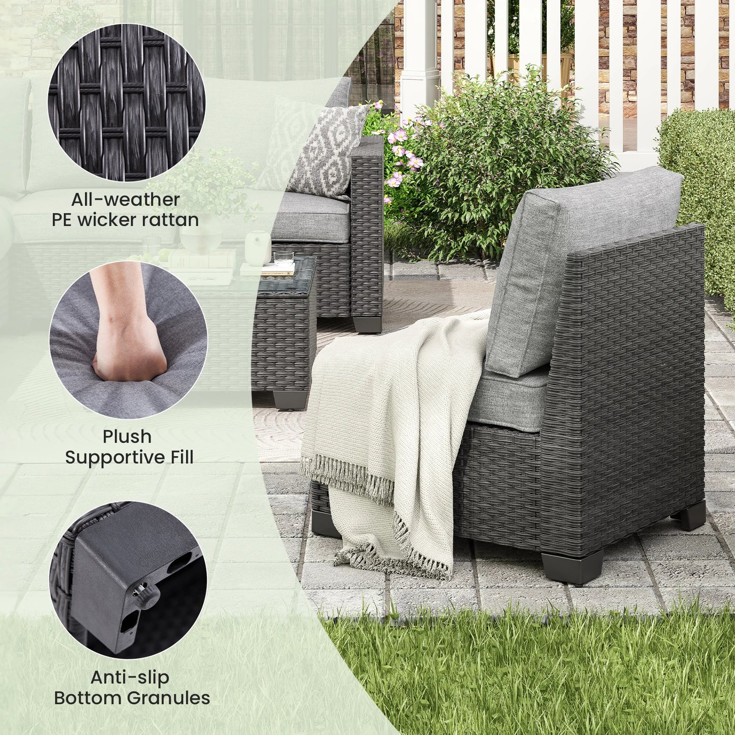 Outdoor Rattan Sectional Sofa Set With Stain Resistant Fabric Ottoman