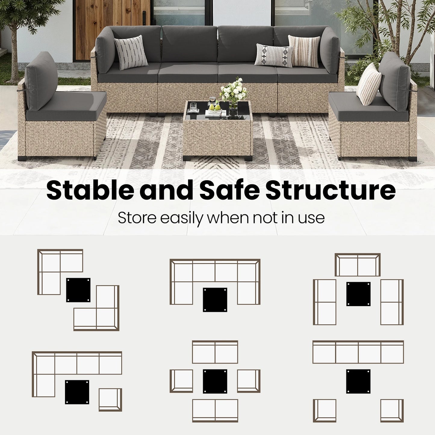 Soohow Outdoor Rattan Patio Sofa Set With Tempered Glass Table