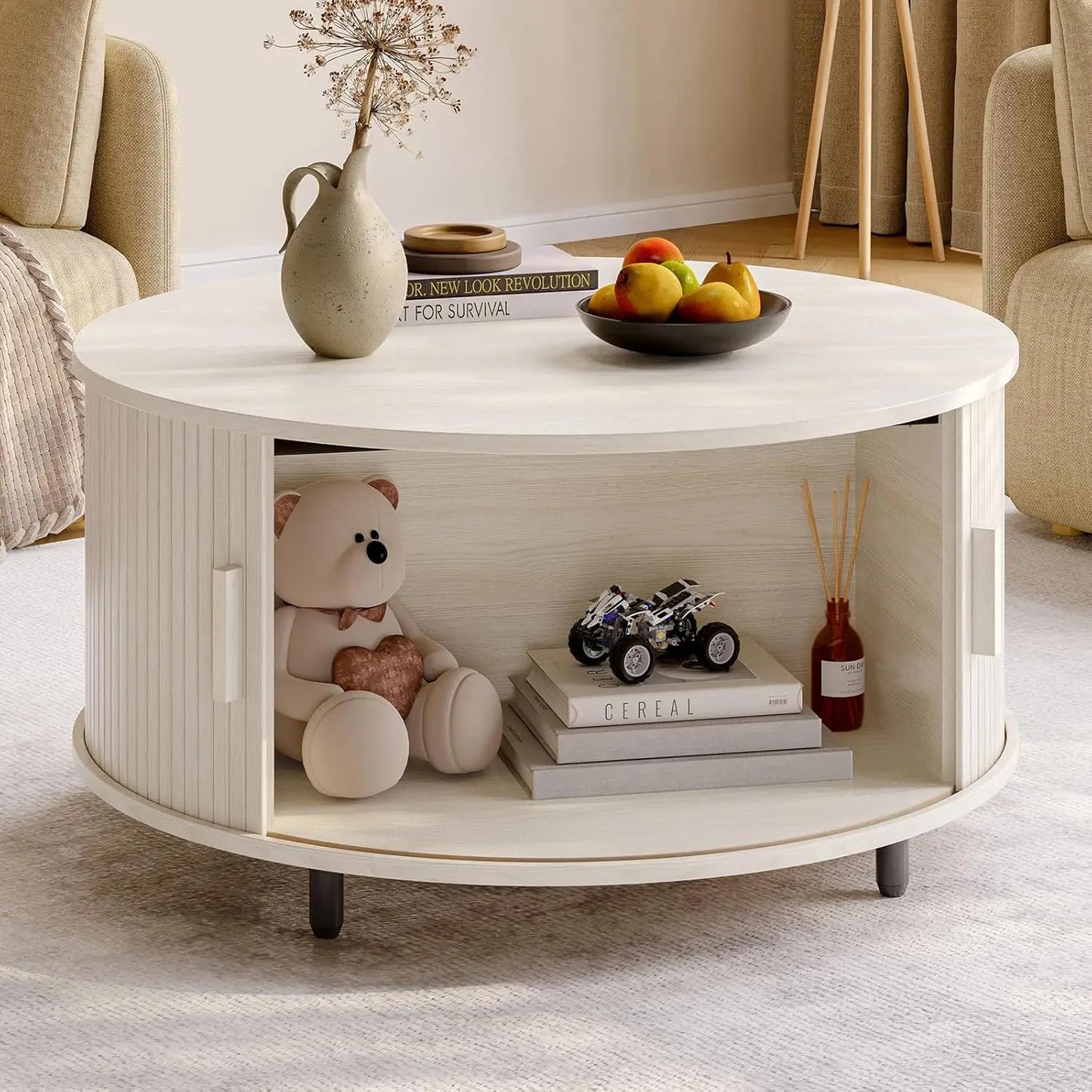 Onbrill Modern Fluted Round Coffee Table Featuring Sliding Storage Door
