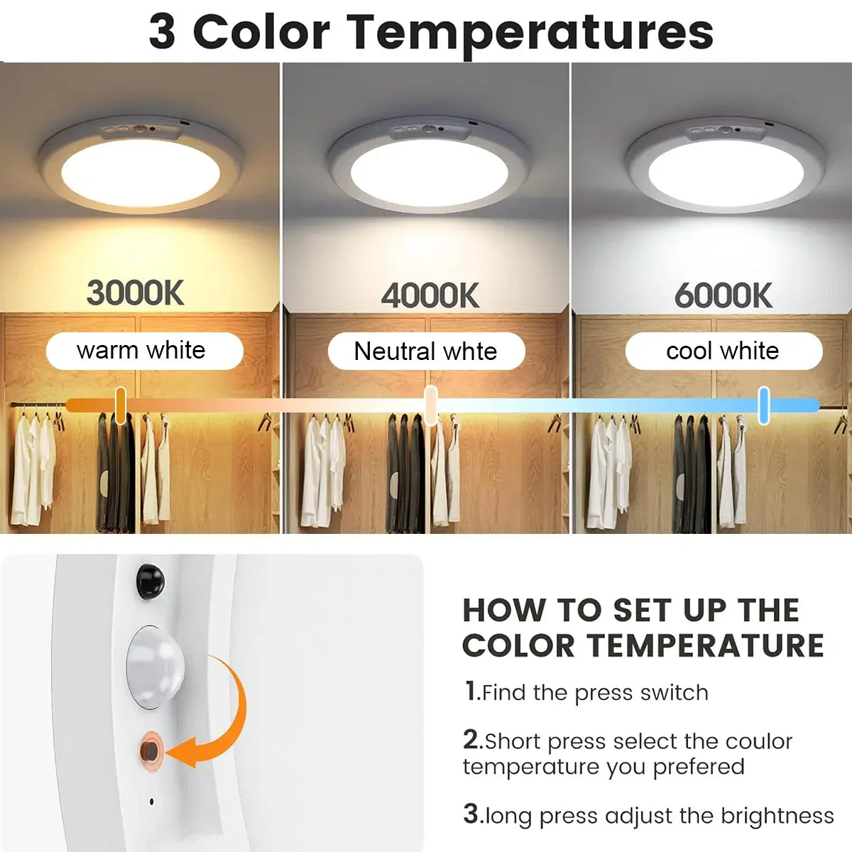 4/2Pack Rechargeable Sensor Ceiling Light with Remote Control, USB Charging, Magnetic Wireless Ceiling Light Battery Powered for Closet Shower Stairs Shed Hallway Porch Patio Ect