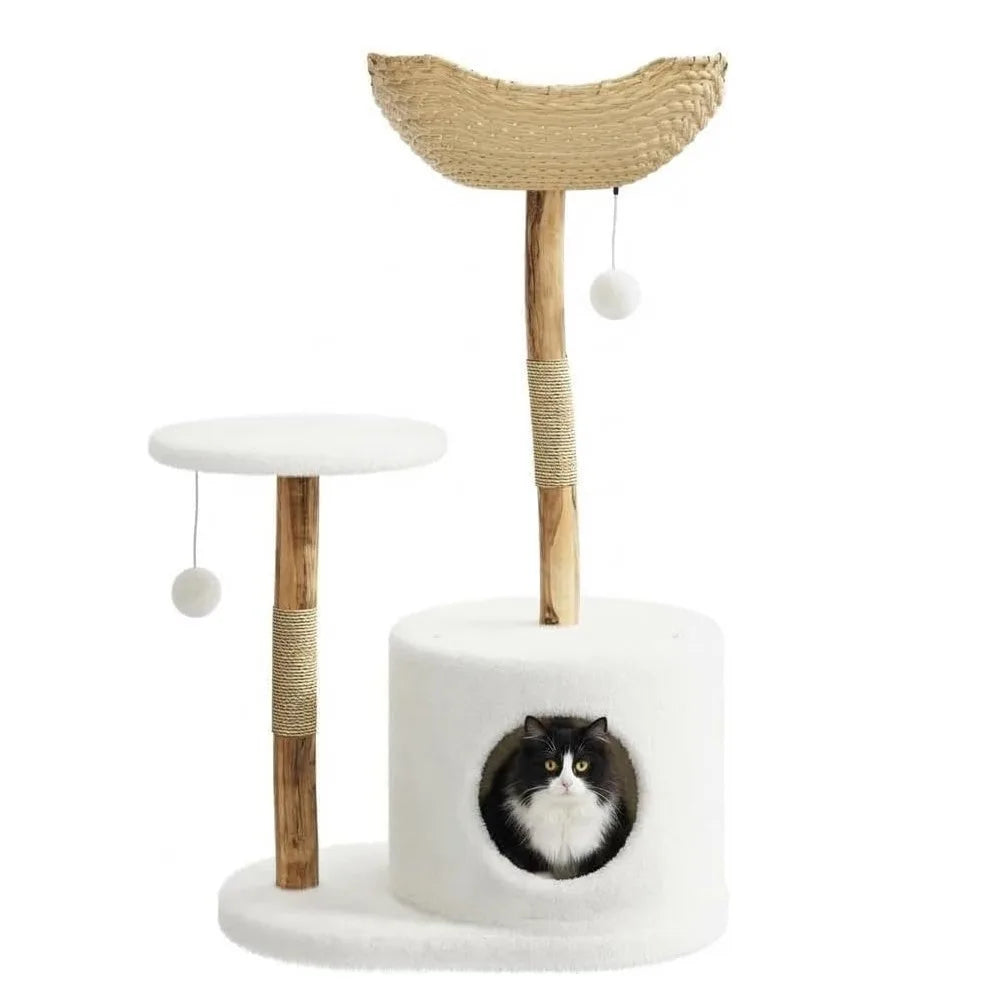 Sturdy Wooden Cat Tree Tower With Multi Level Rattan Perches
