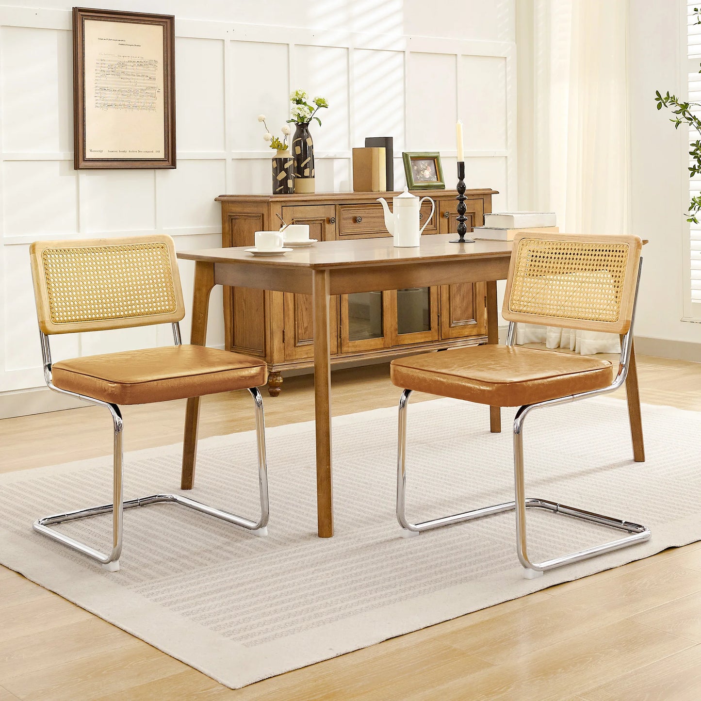 Kerdom Mid Century Rattan Dining Chairs PU Upholstered Chrome Cantilever
