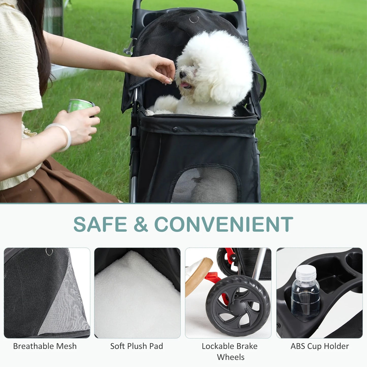 JHK Foldable 3 Wheel Pet Stroller With Basket For Dogs