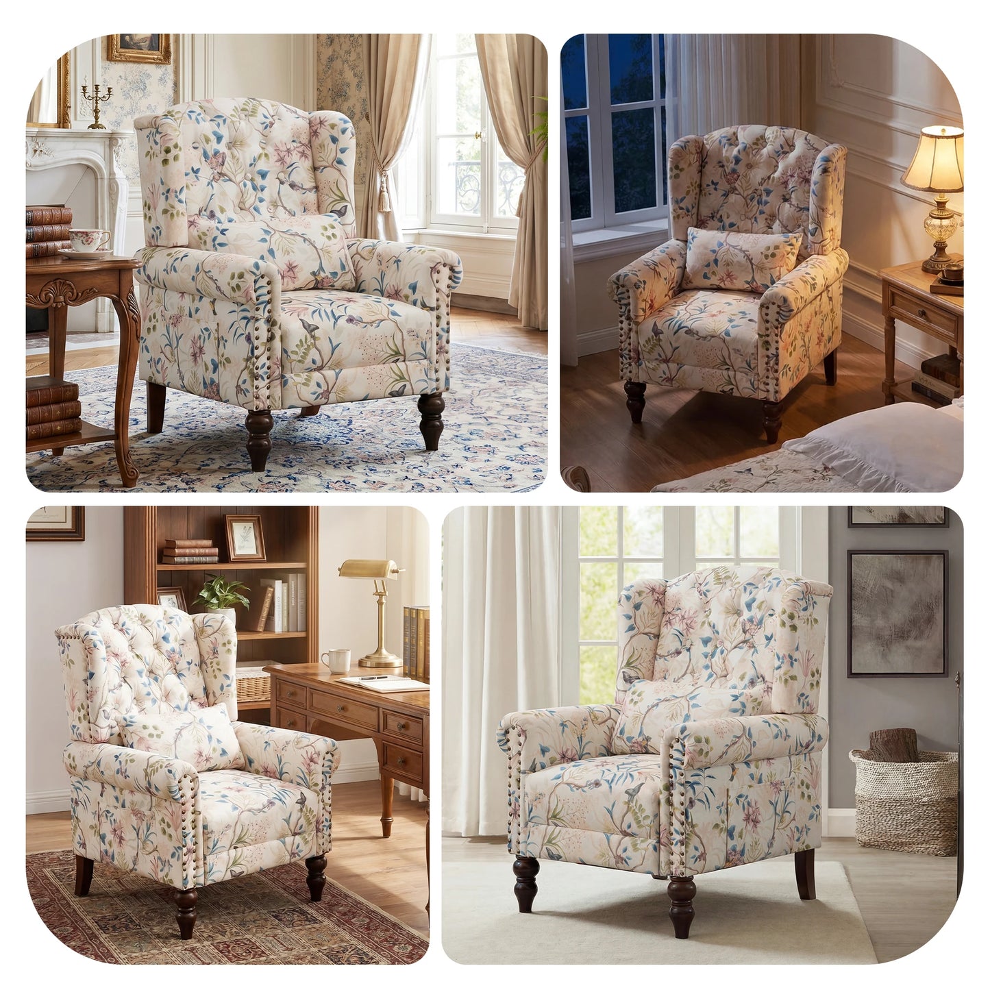 TCGBKAF Vintage Floral Wingback Accent Chair Mid Century Modern Armchair
