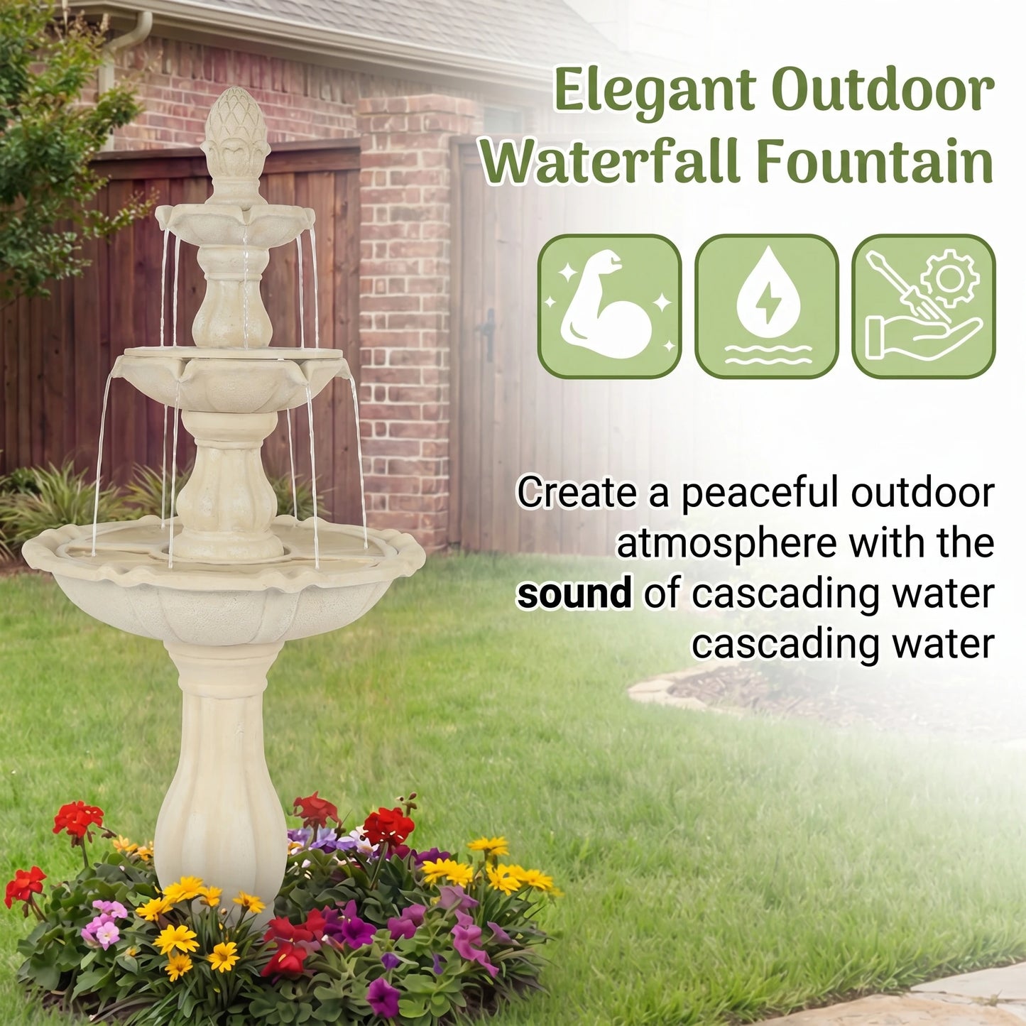 Three Tier Solar Powered Outdoor Water Fountain For Garden Decor