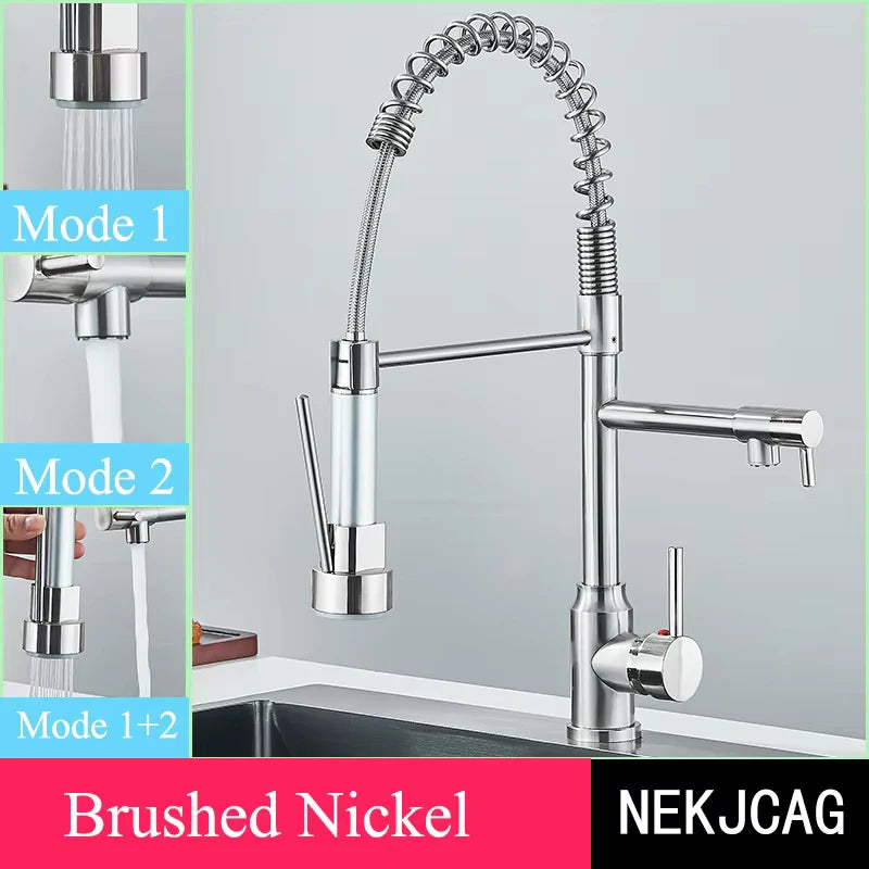 Chrome Kitchen Faucet Spring 360° Pull Down Sprayer Hot Cold Water Mixer Tap Deck Mounted Dual Spout Nozzle Faucets Crane