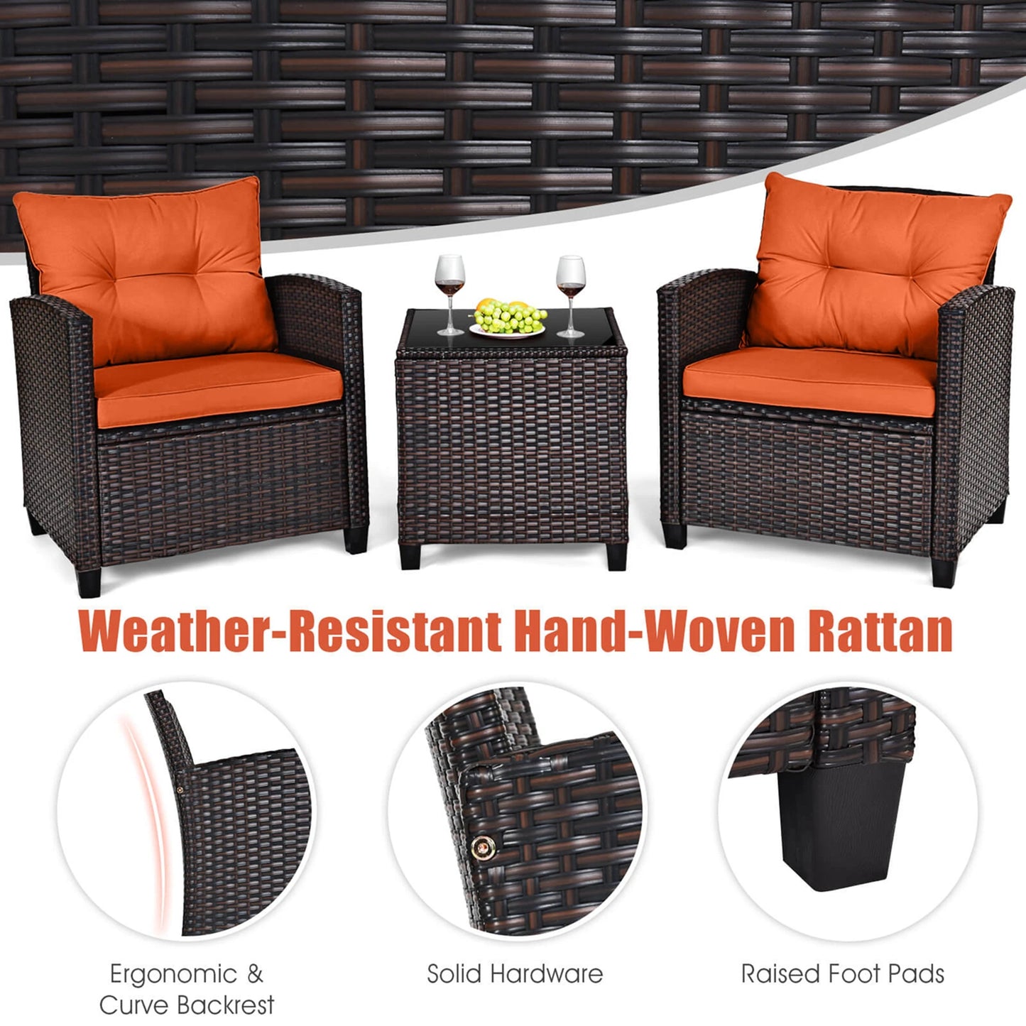 HOMASIS 3 Piece Outdoor Rattan Patio Furniture Set With Cushions