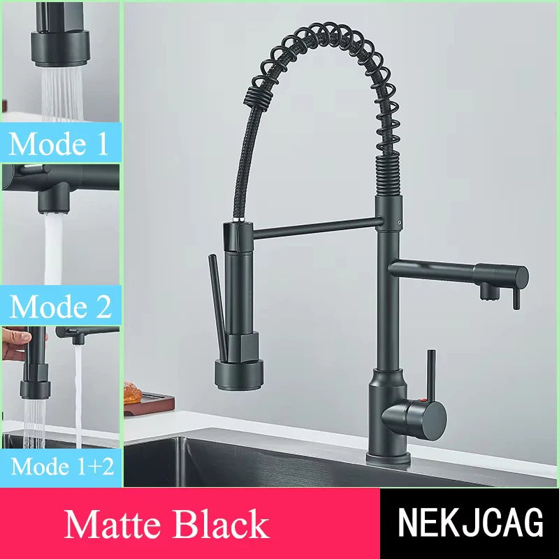 Chrome Kitchen Faucet Spring 360° Pull Down Sprayer Hot Cold Water Mixer Tap Deck Mounted Dual Spout Nozzle Faucets Crane