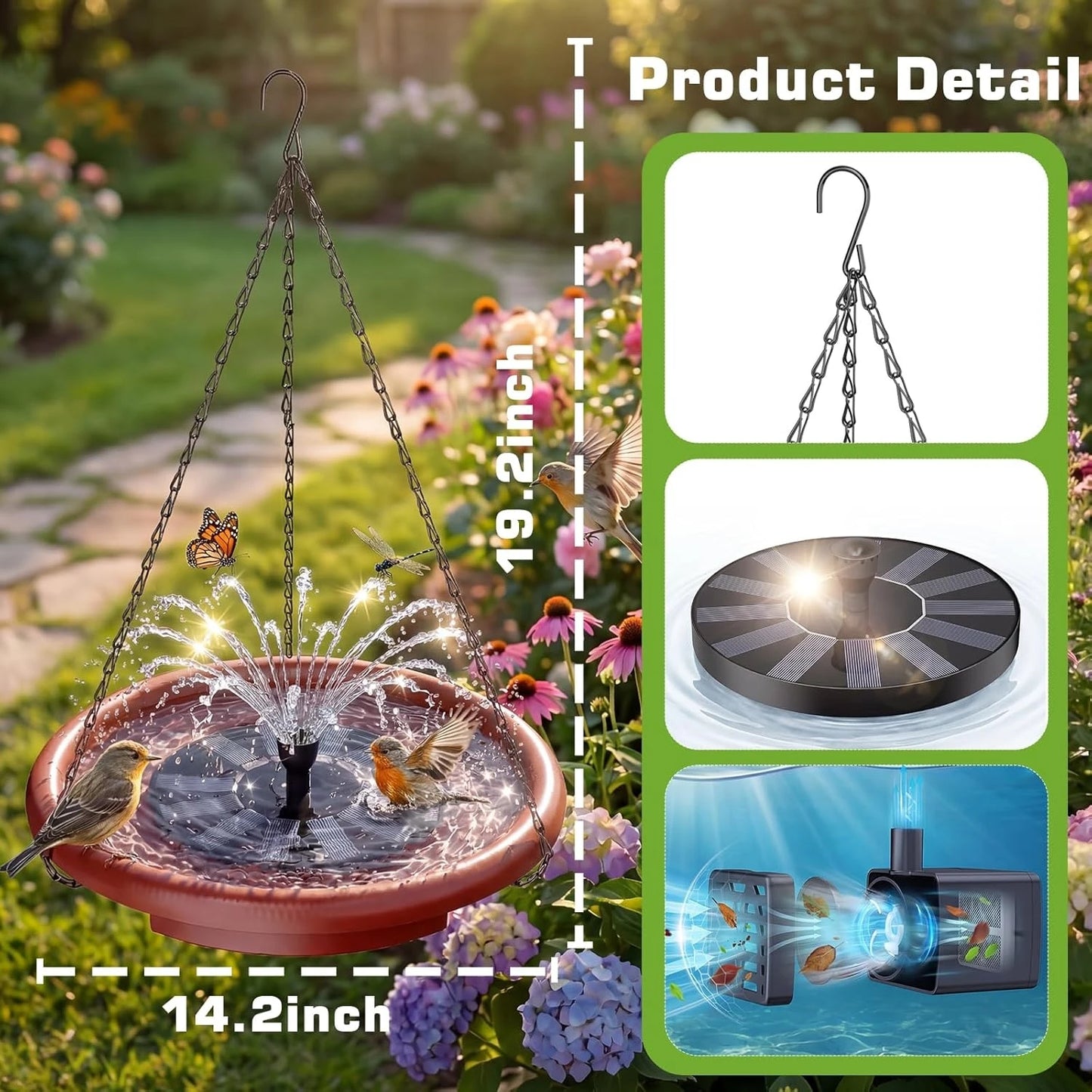 Solar Hanging Bird Bath With Quiet Water Fountain And Steps