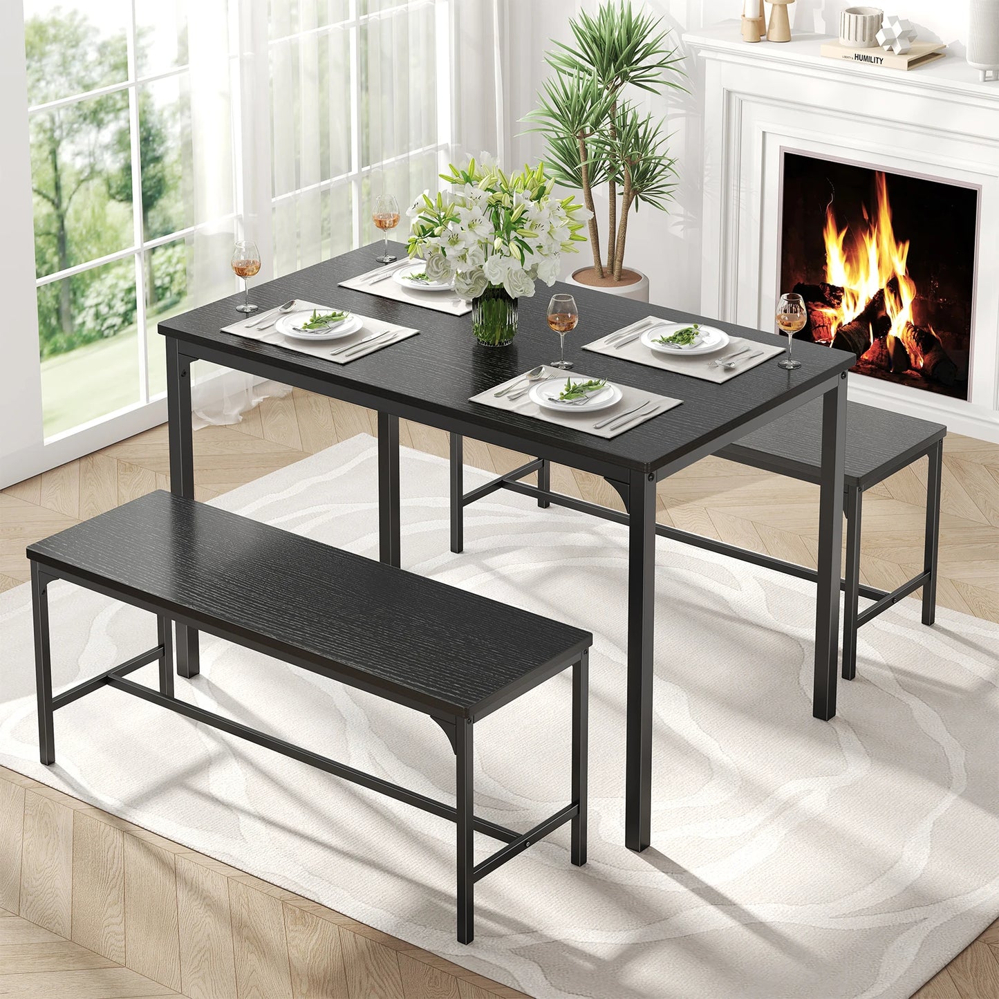 JHK 3Pcs Table and Chair Set Wooden Desktop with Metal Frame for Easy Storage Space-Saving Ideal 4-Person Set for Living Room Kitchen Apartment Corner