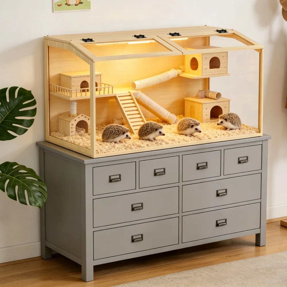 Wooden Hamster Habitat With Tempered Glass And Openable Roof
