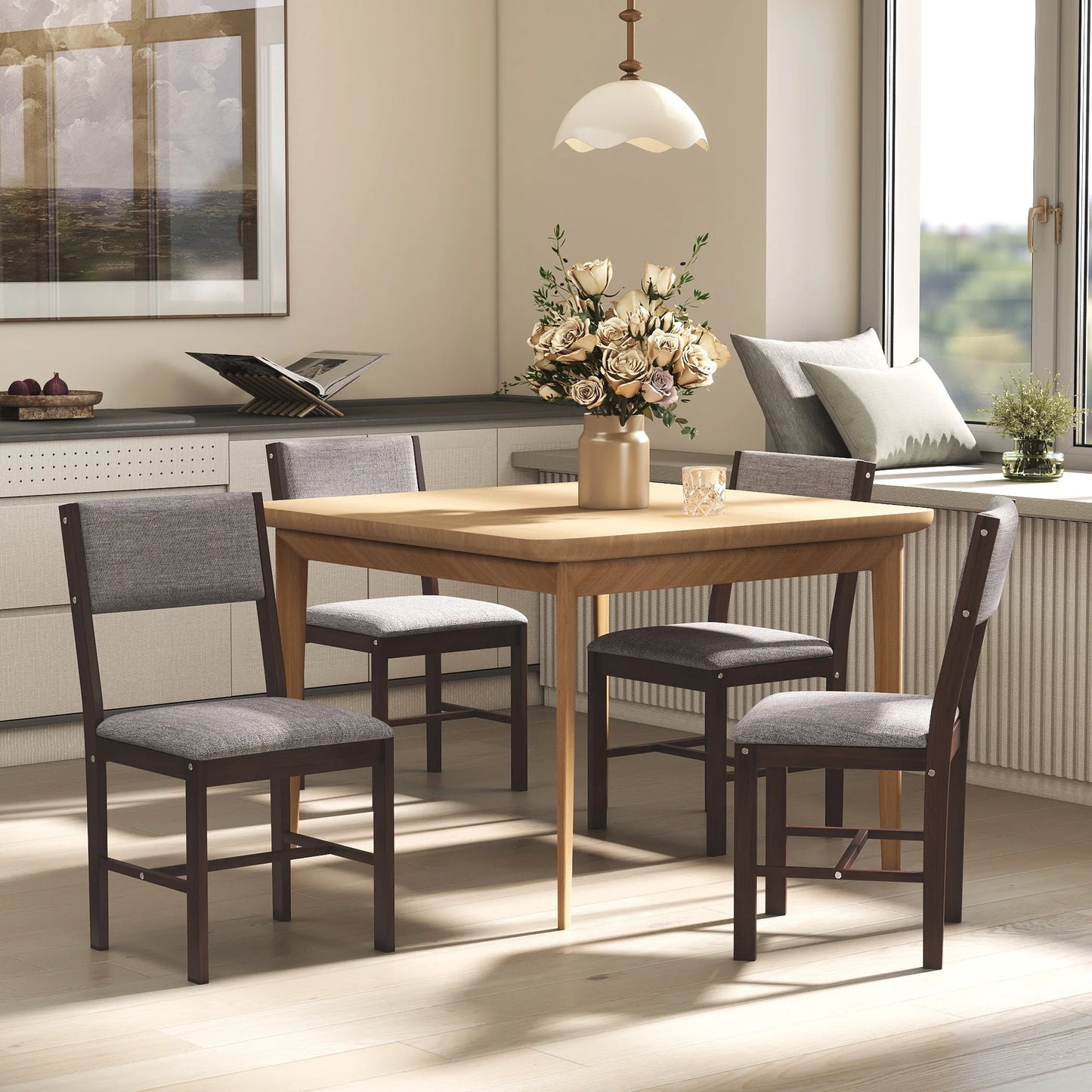 Homcom Solid Wood Dining Chairs Linen Upholstered Modern Kitchen Set