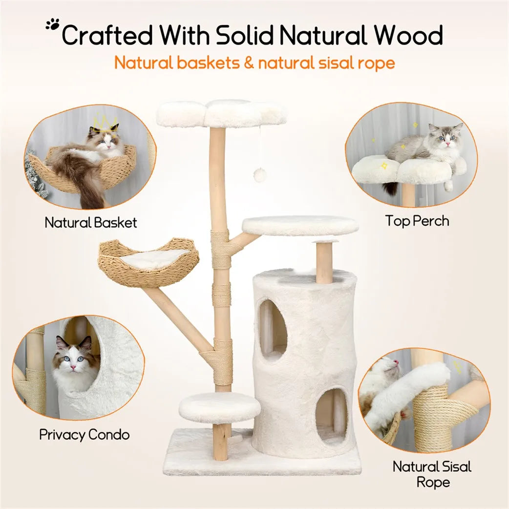 Borwart Solid Wooden Cat Tree Tower With Sisal Scratching Post