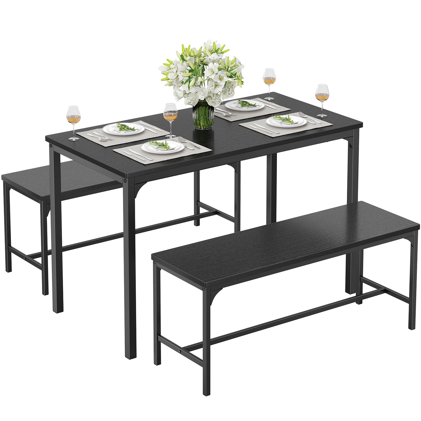 JHK 3Pcs Table and Chair Set Wooden Desktop with Metal Frame for Easy Storage Space-Saving Ideal 4-Person Set for Living Room Kitchen Apartment Corner