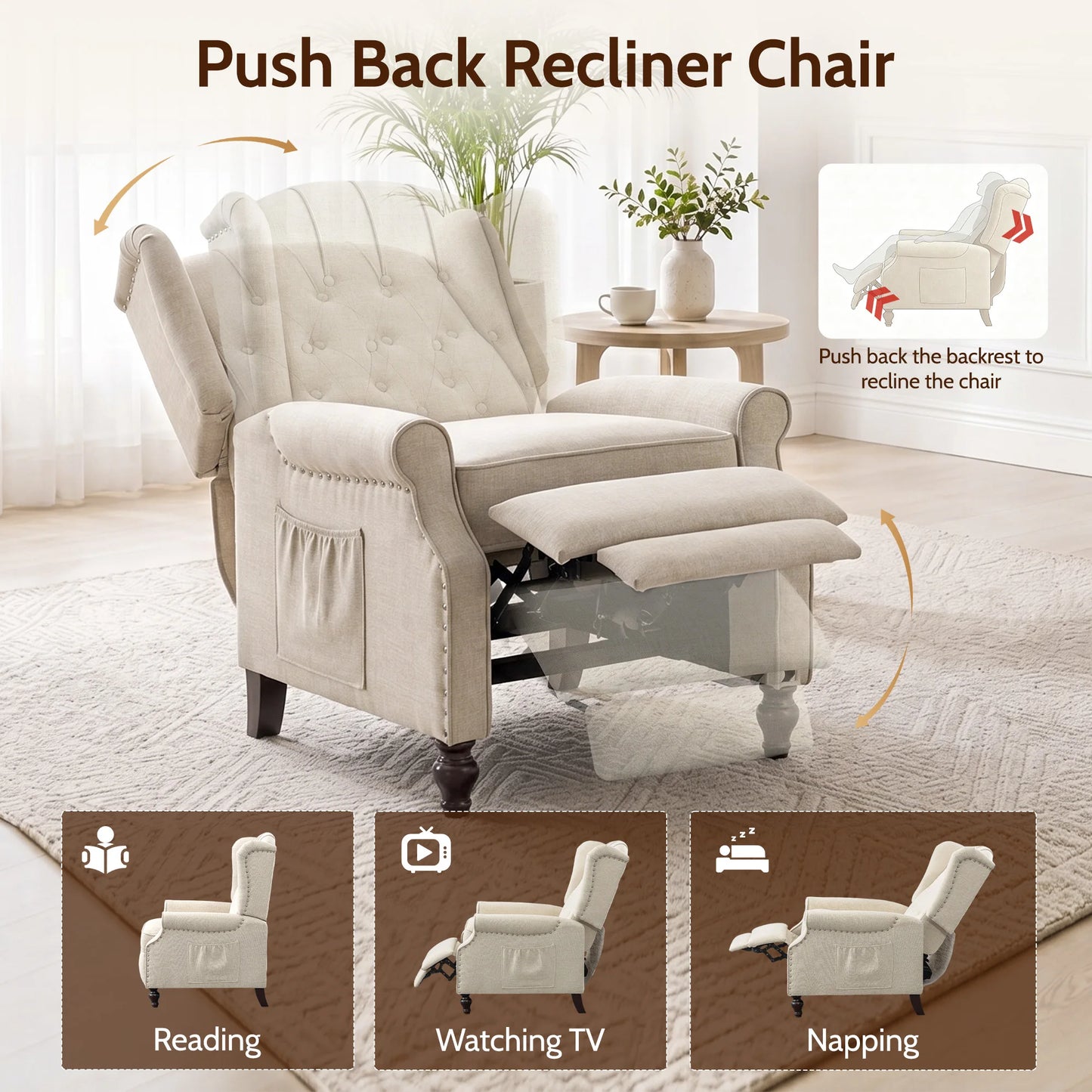 TCGBKAF Mid Century Wingback Massage Heated Recliner With Wooden Legs