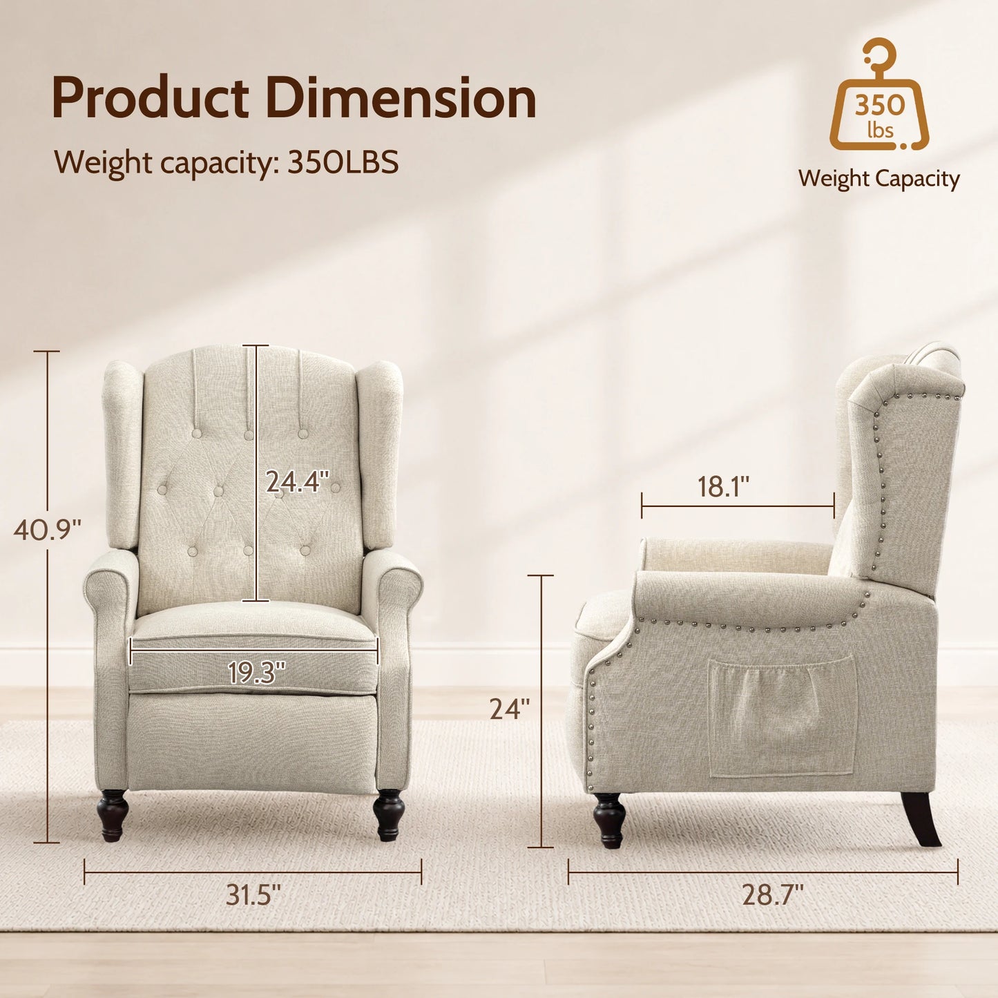 TCGBKAF Mid Century Wingback Massage Heated Recliner With Wooden Legs