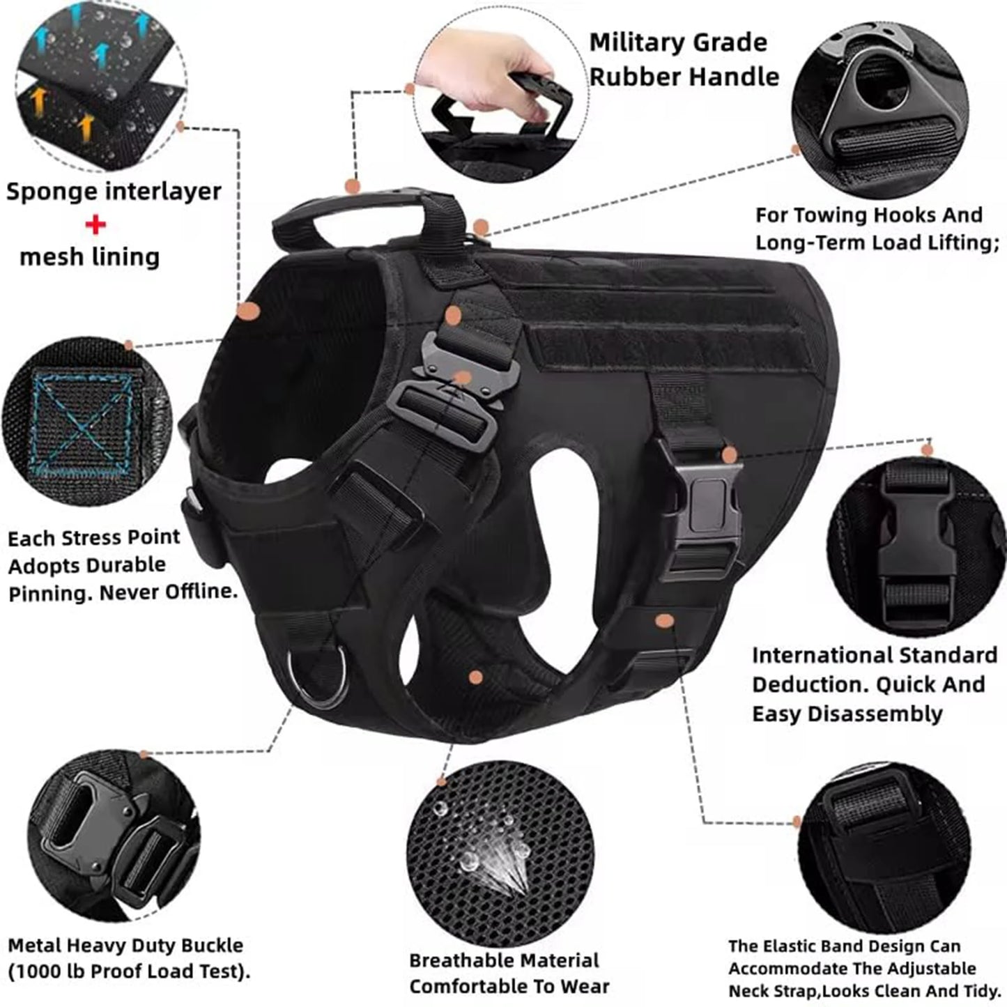 Tactical Nylon Dog Harness With Quick Release And Molle Pouches