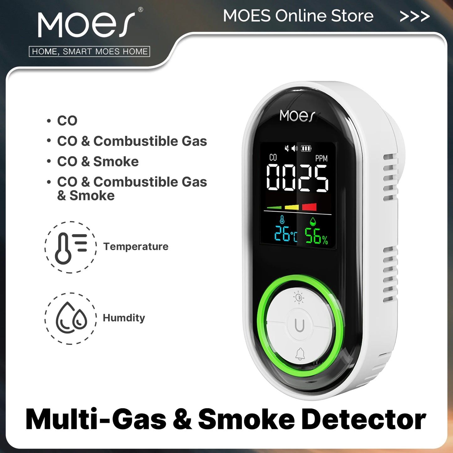 MOES CO Smoke Gas Detector Alarm Plug-in Carbon Monoxide Sensor Warning LED Display Temperature Humidity Kitchen Garage Boiler
