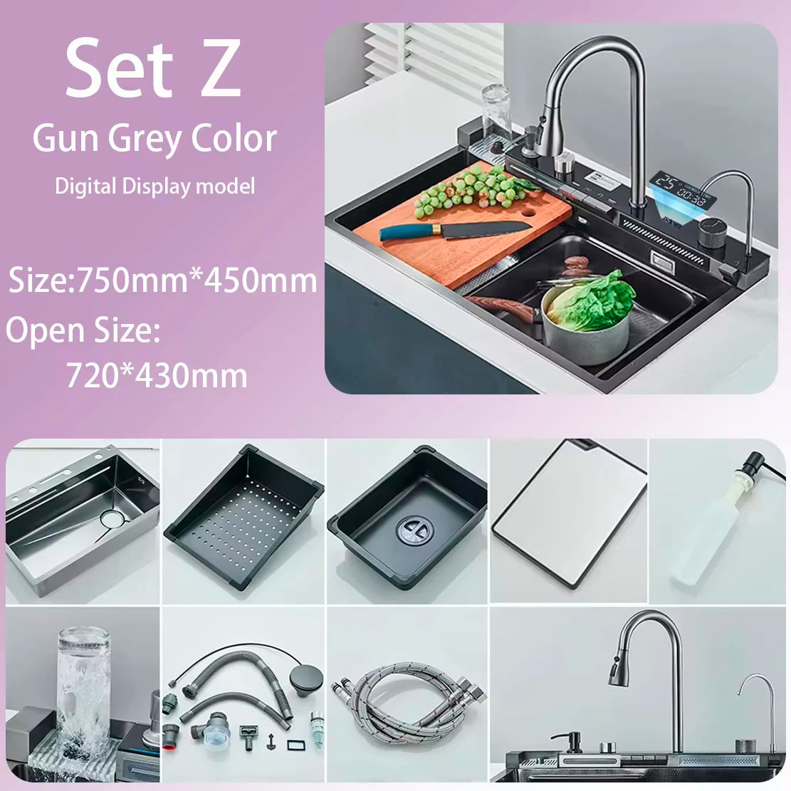 304 Stainless Steel Waterfall Kitchen Sink Large Single Slot Integrated Digital Display Faucet Set Soap Dispenser Cup Washer