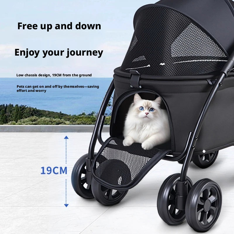 Foldable Four Wheel Pet Stroller With Breathable Mesh Windows