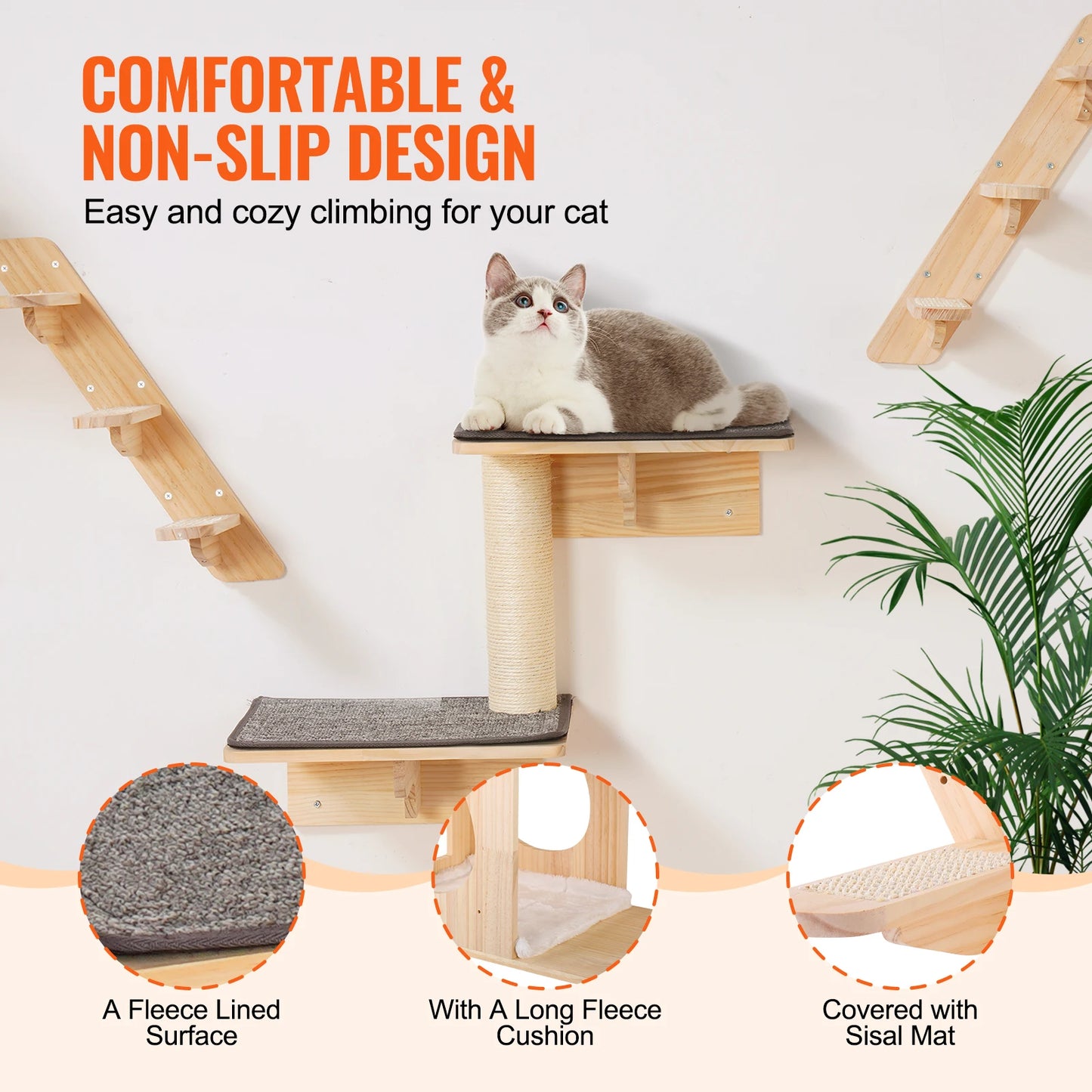 SucceBuy Wall Mounted Cat Shelves With Wooden Perches And Hammock