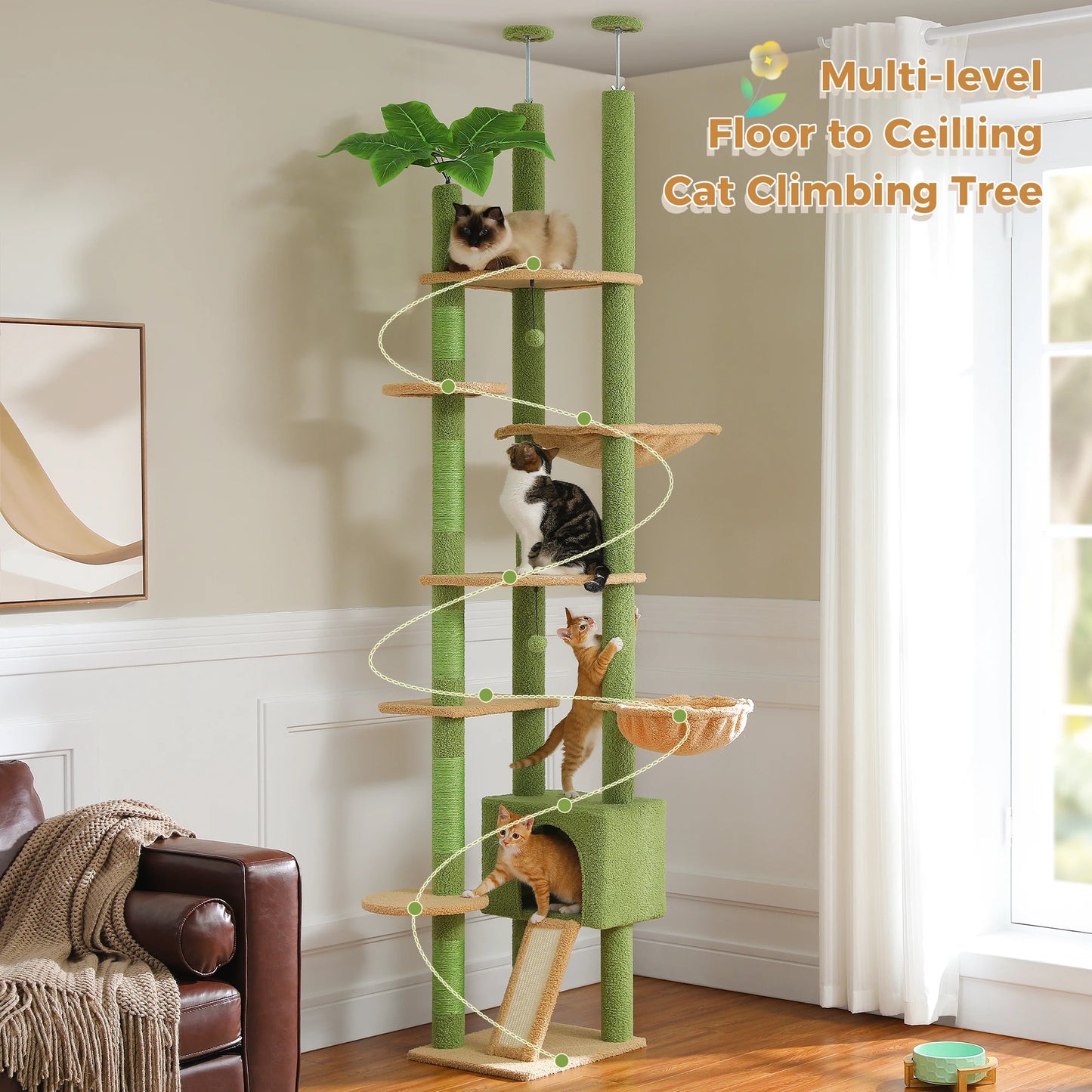 Petepeala Floor To Ceiling Cat Tree With Adjustable Cozy Hammock