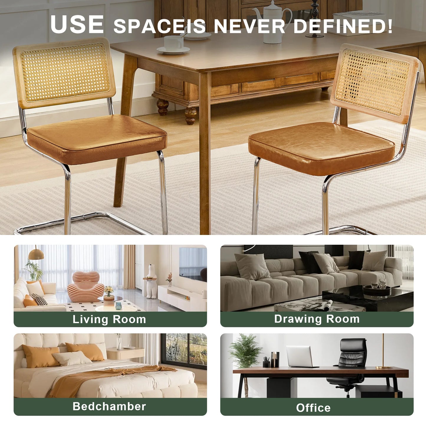 Kerdom Mid Century Rattan Dining Chairs PU Upholstered Chrome Cantilever