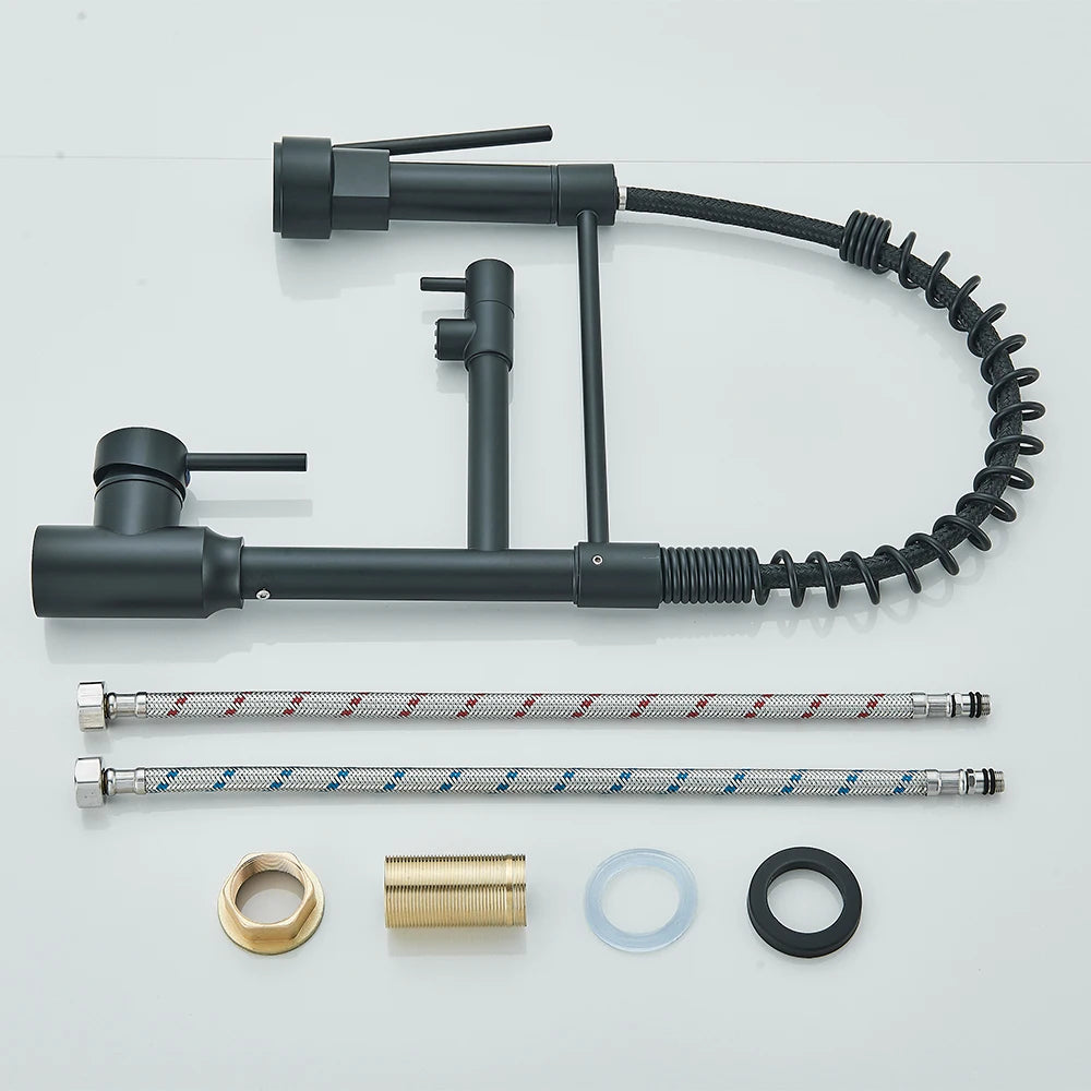 Black Spring Pull Down Stainless Steel Kitchen Sink Faucet Hot Cold Water Mixer Crane Tap with Dual Spout 360° Rotation Faucet