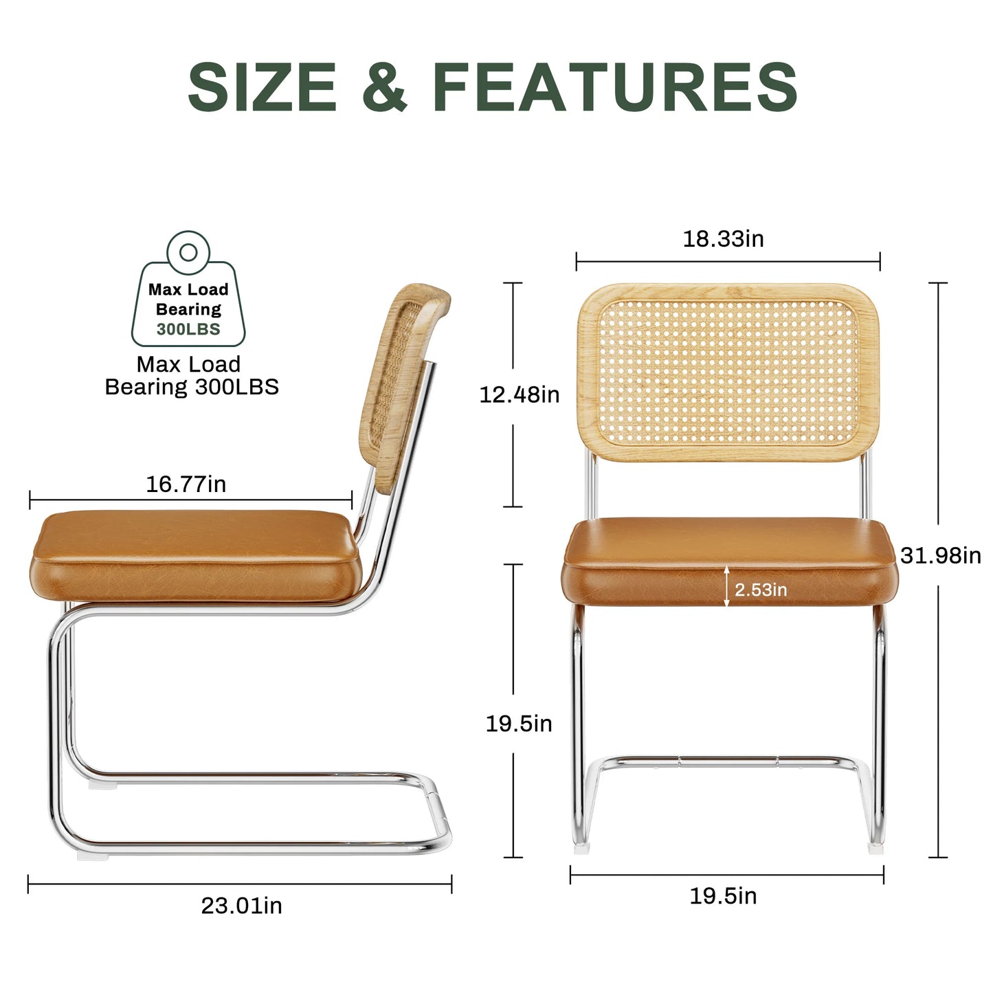 Kerdom Mid Century Rattan Dining Chairs PU Upholstered Chrome Cantilever