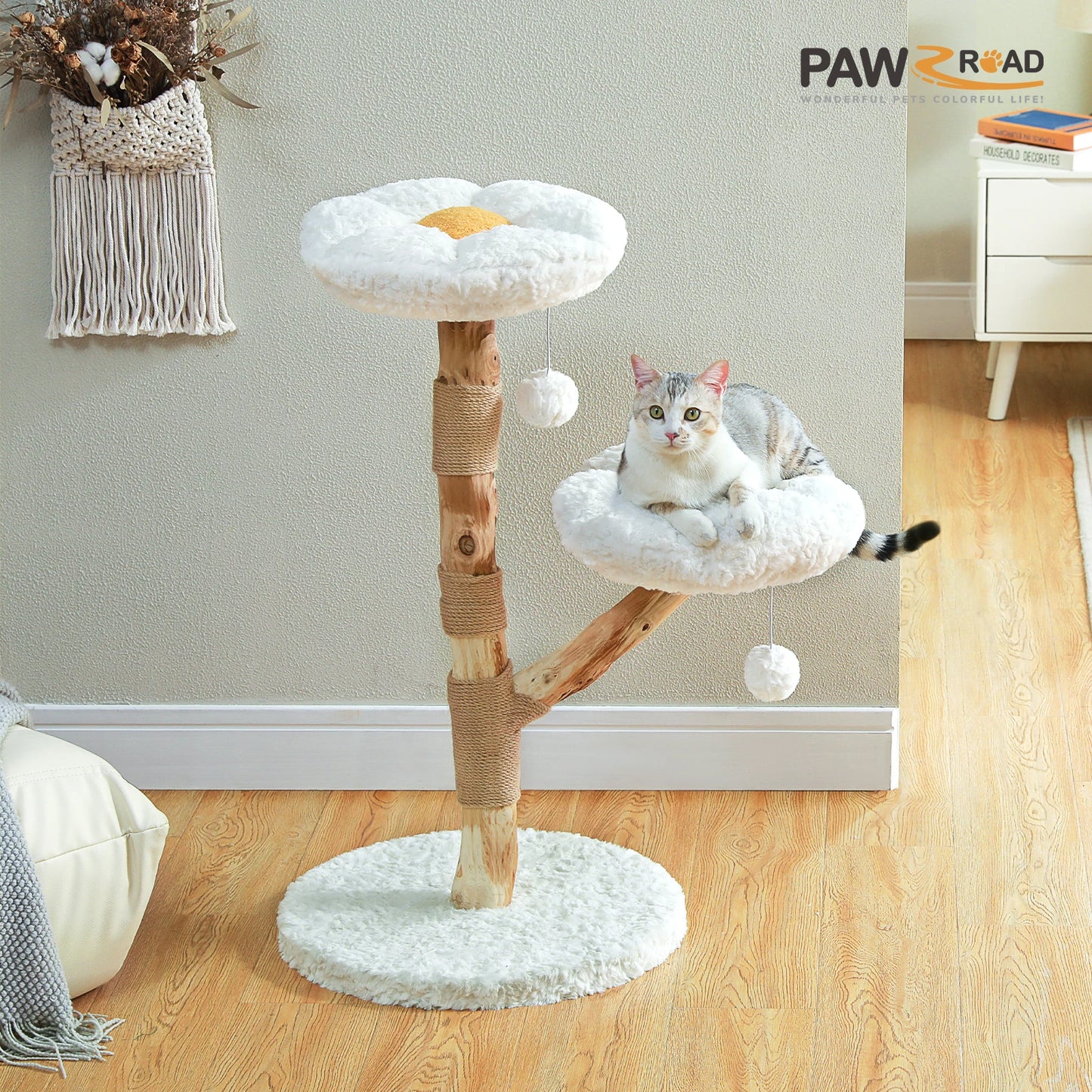 PAWZ Road Modern Wooden Cat Tree Tower With Wicker Basket