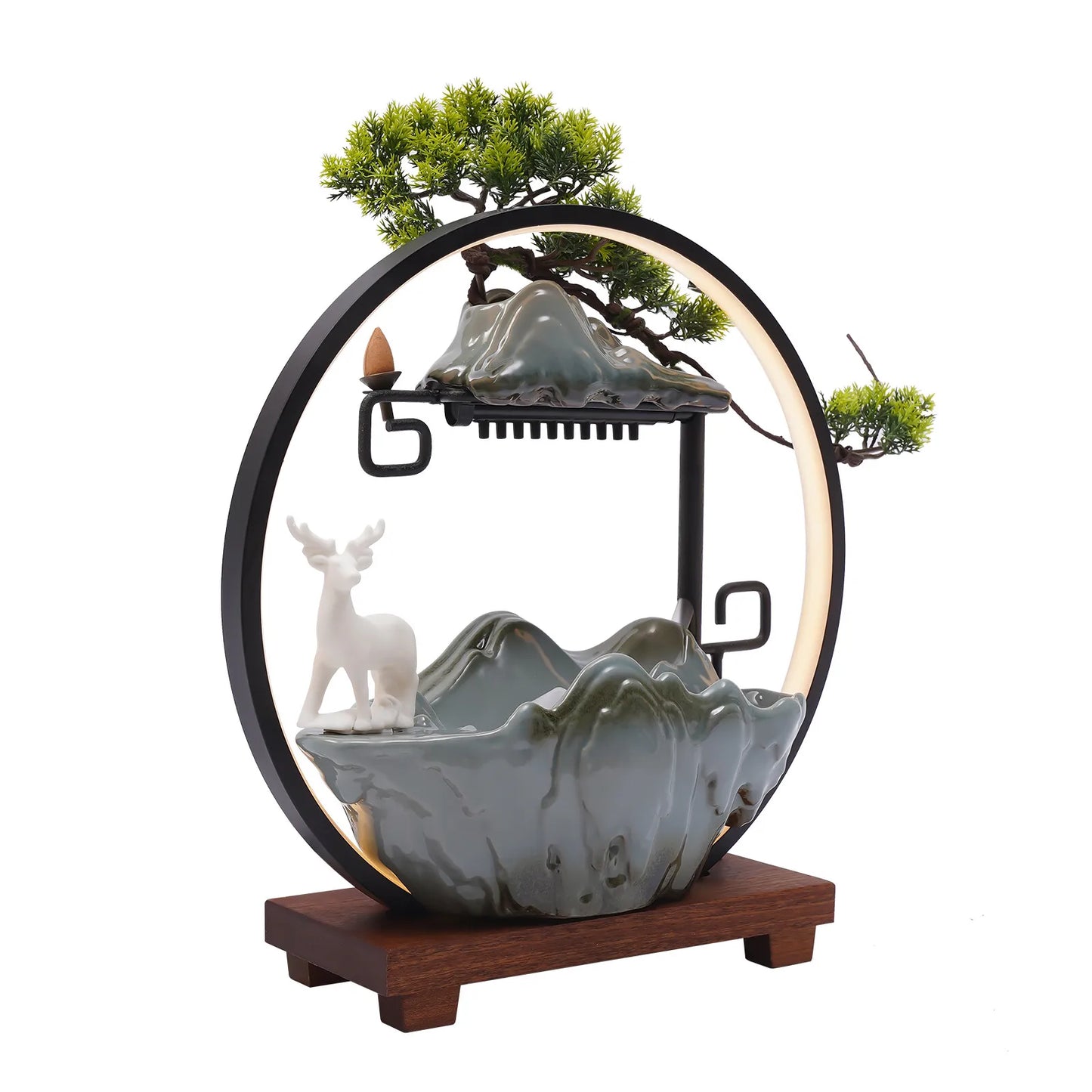 Bymaocar Ceramic Tabletop Fountain LED Mist Effect Bonsai Decor