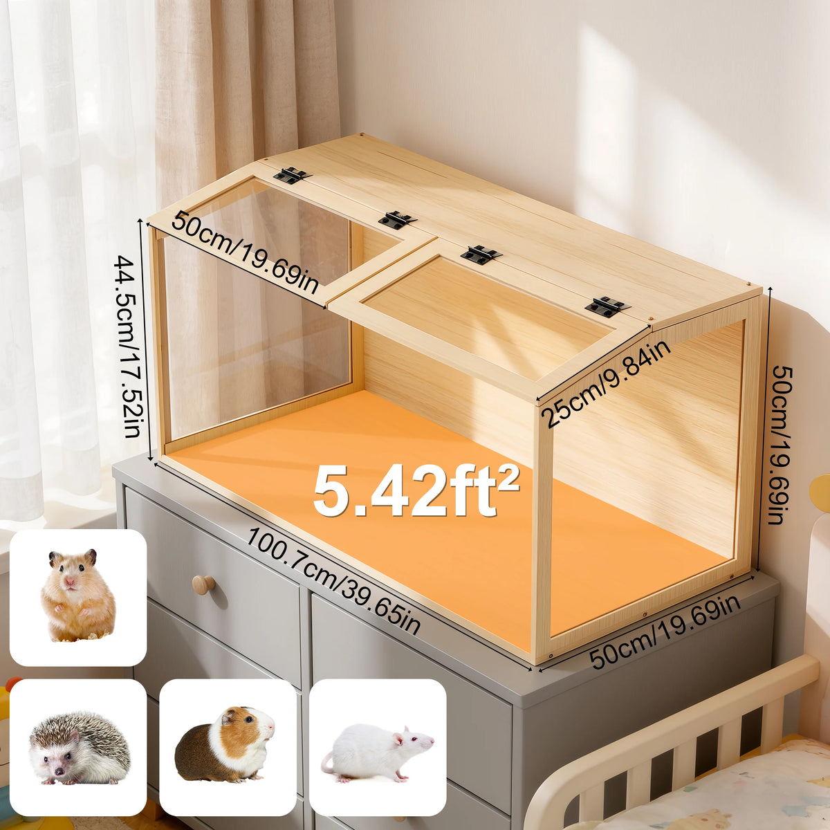 Wooden Hamster Habitat With Tempered Glass And Openable Roof