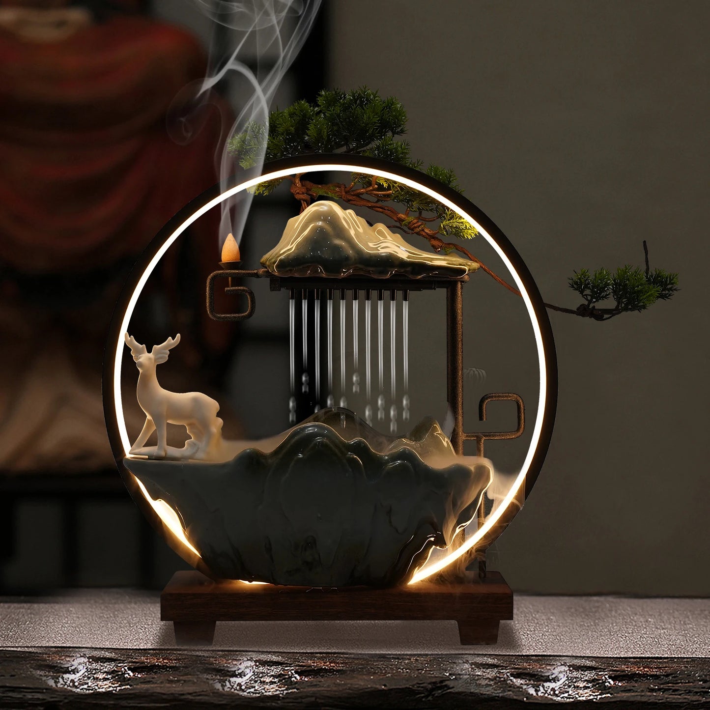 Bymaocar Ceramic Tabletop Fountain LED Mist Effect Bonsai Decor