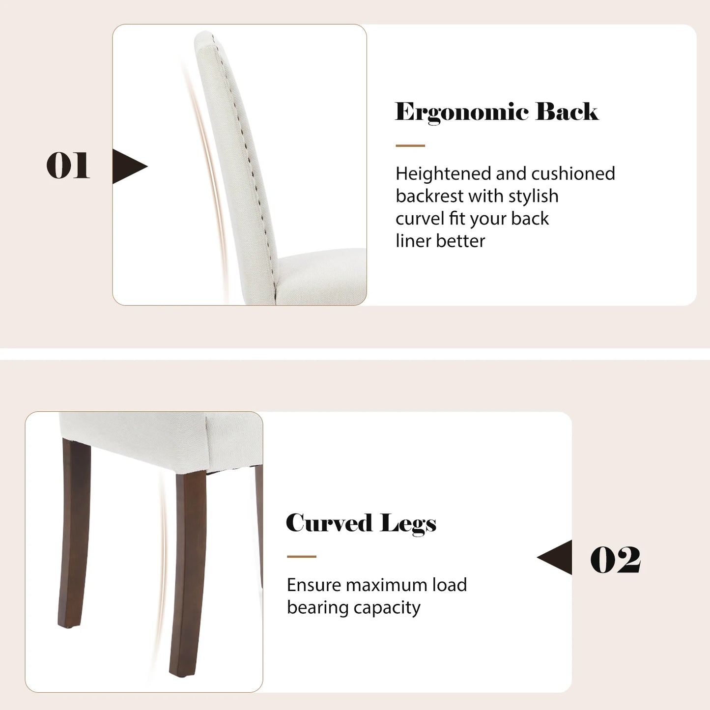 MCQ Pair Modern Fabric Dining Chairs Padded Seats Wooden Legs