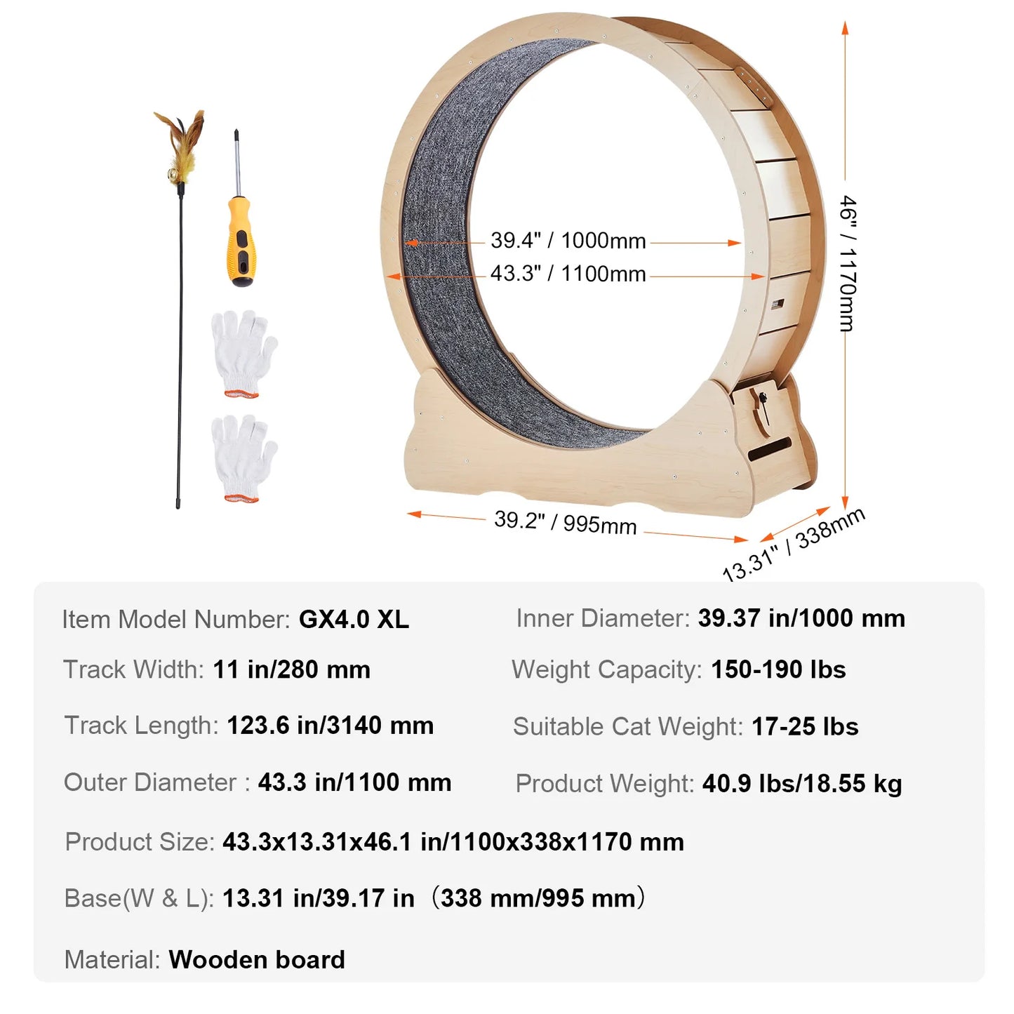 SucceBuy Wooden Cat Exercise Wheel With Detachable Carpet Cat Teaser