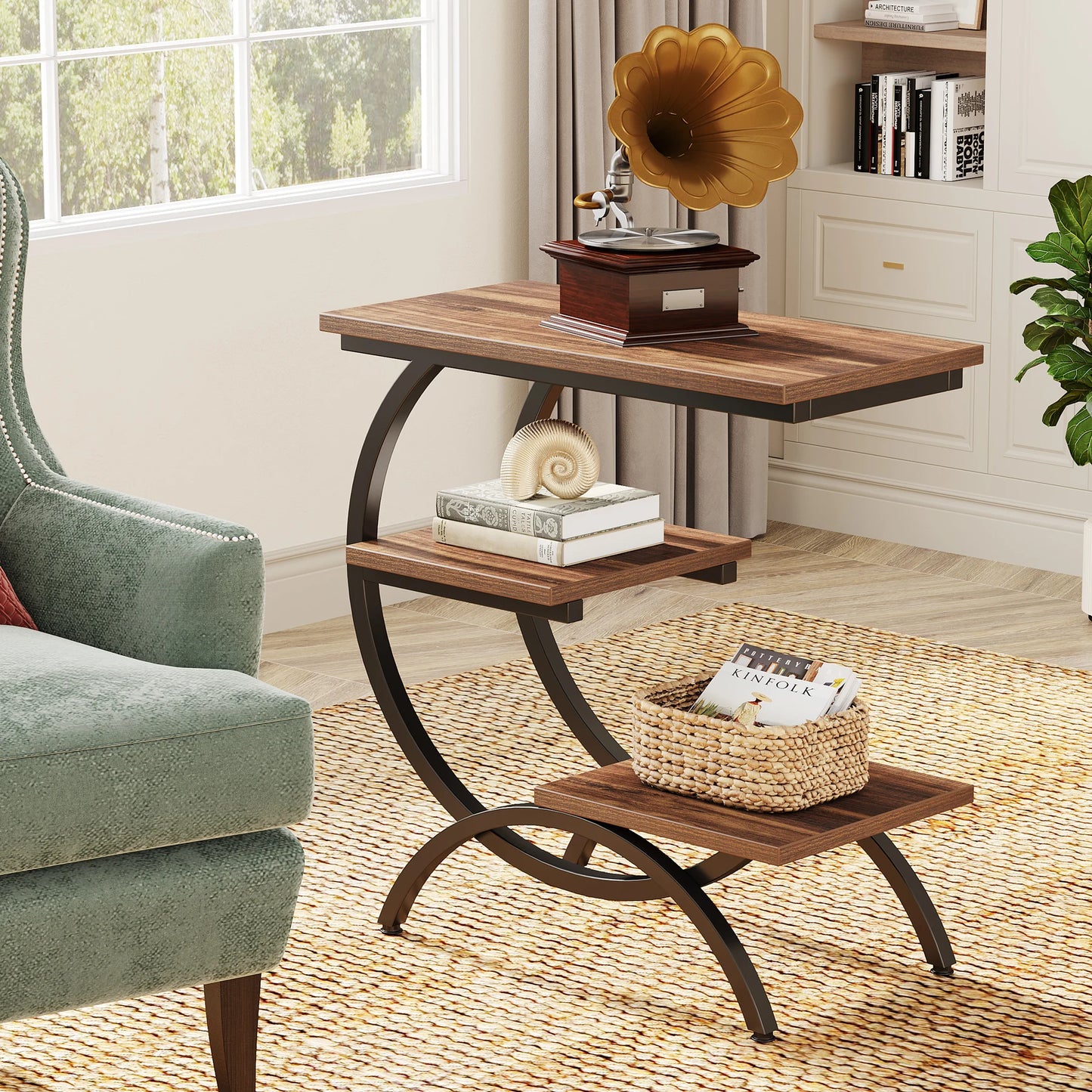 Tribesigns C-Shaped Side Table With Open Storage Shelving Unit